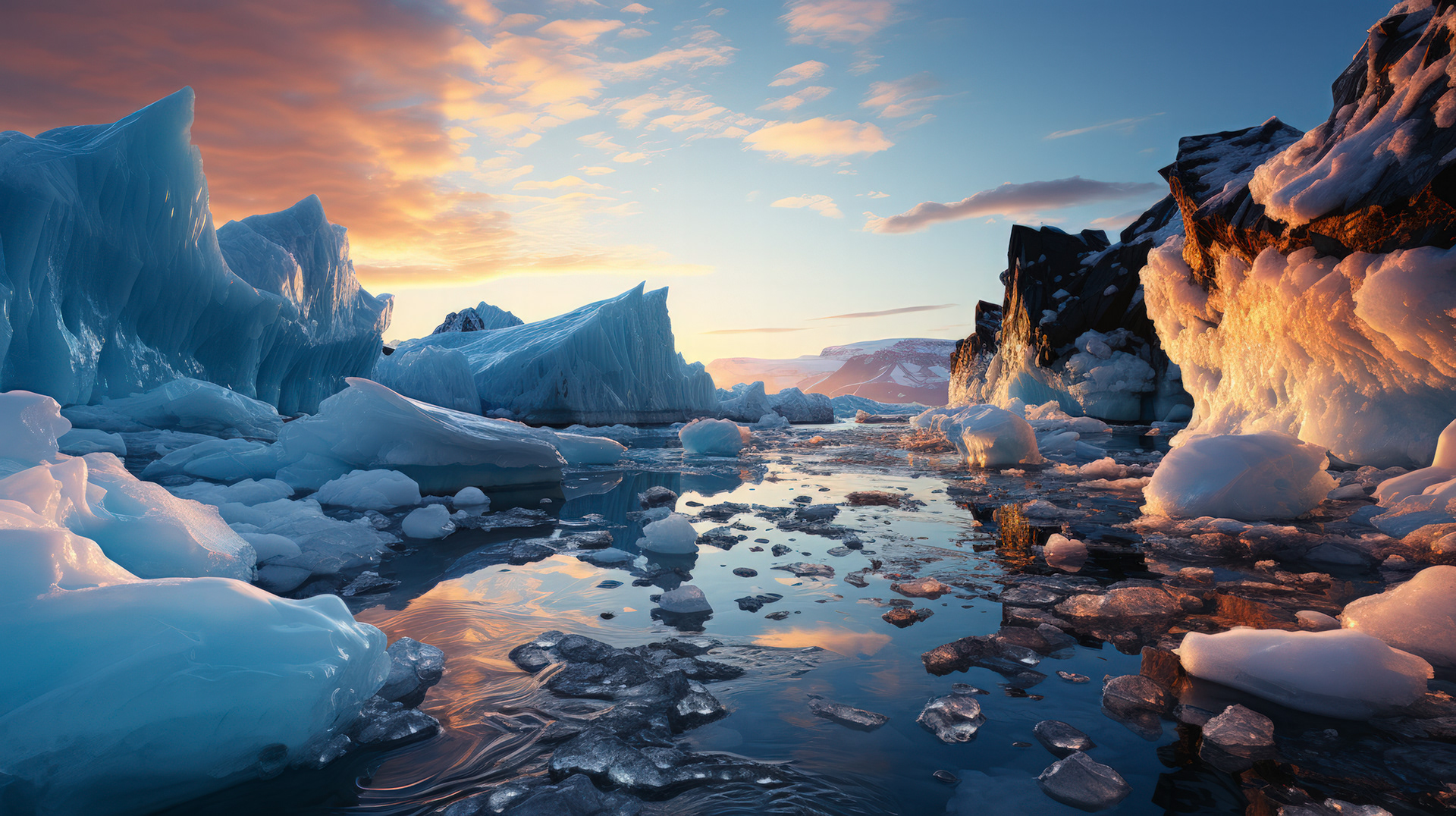 Le paysage de l'Antarctique s'éveille, la lumière rougeâtre du soleil mettant en évidence les taches de terre orange qui apparaissent à travers la neige.