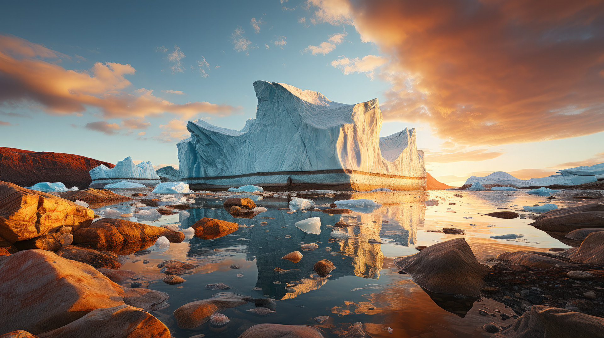 Majestueux lever de soleil sur l'Antarctique, jetant une teinte dorée sur le paysage gelé.