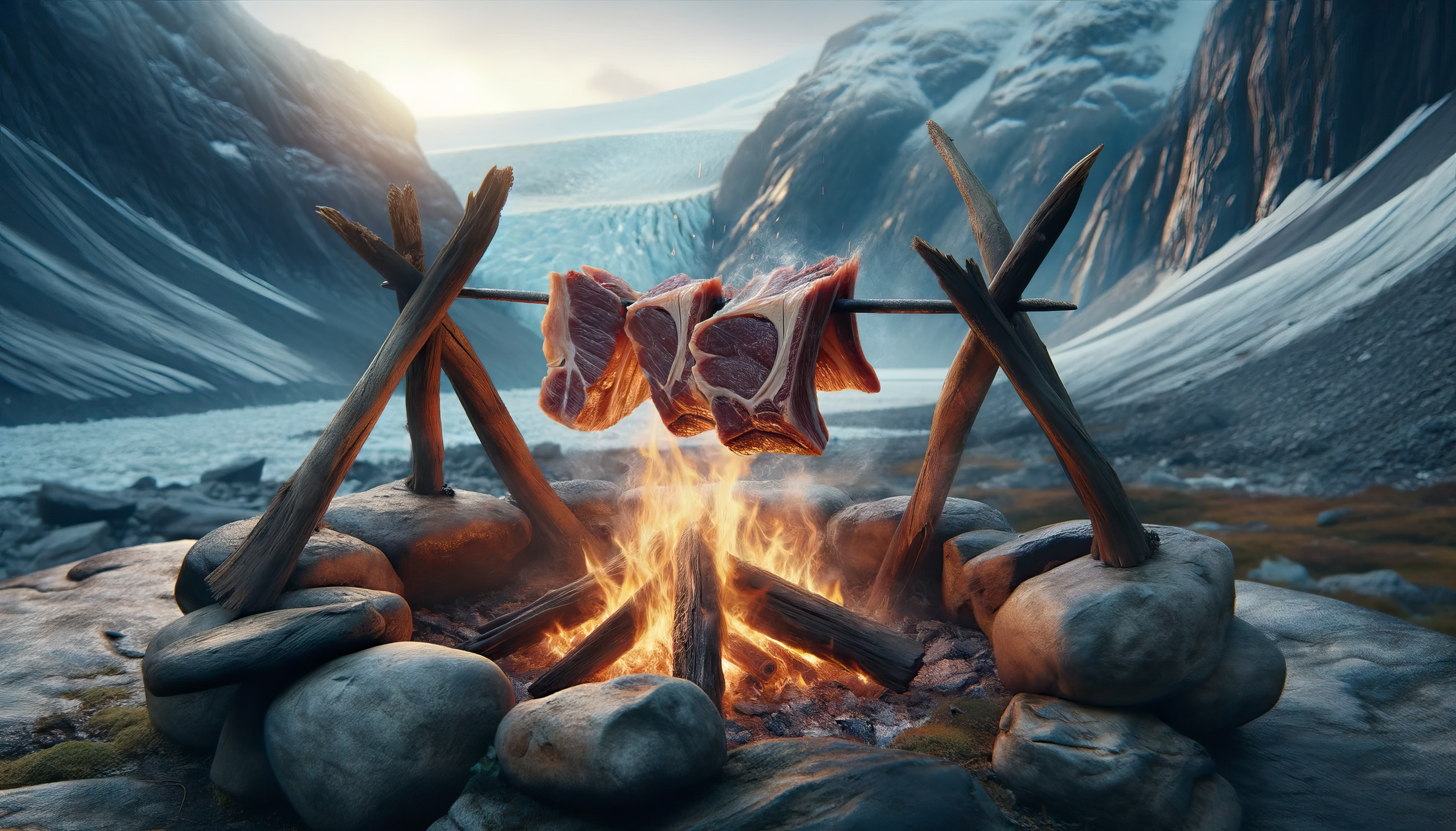 Escena de cocina primitiva con gente de la Edad de Piedra preparando el ciervo sobre un fuego abierto, destacando los antiguos métodos culinarios y la vida comunal.