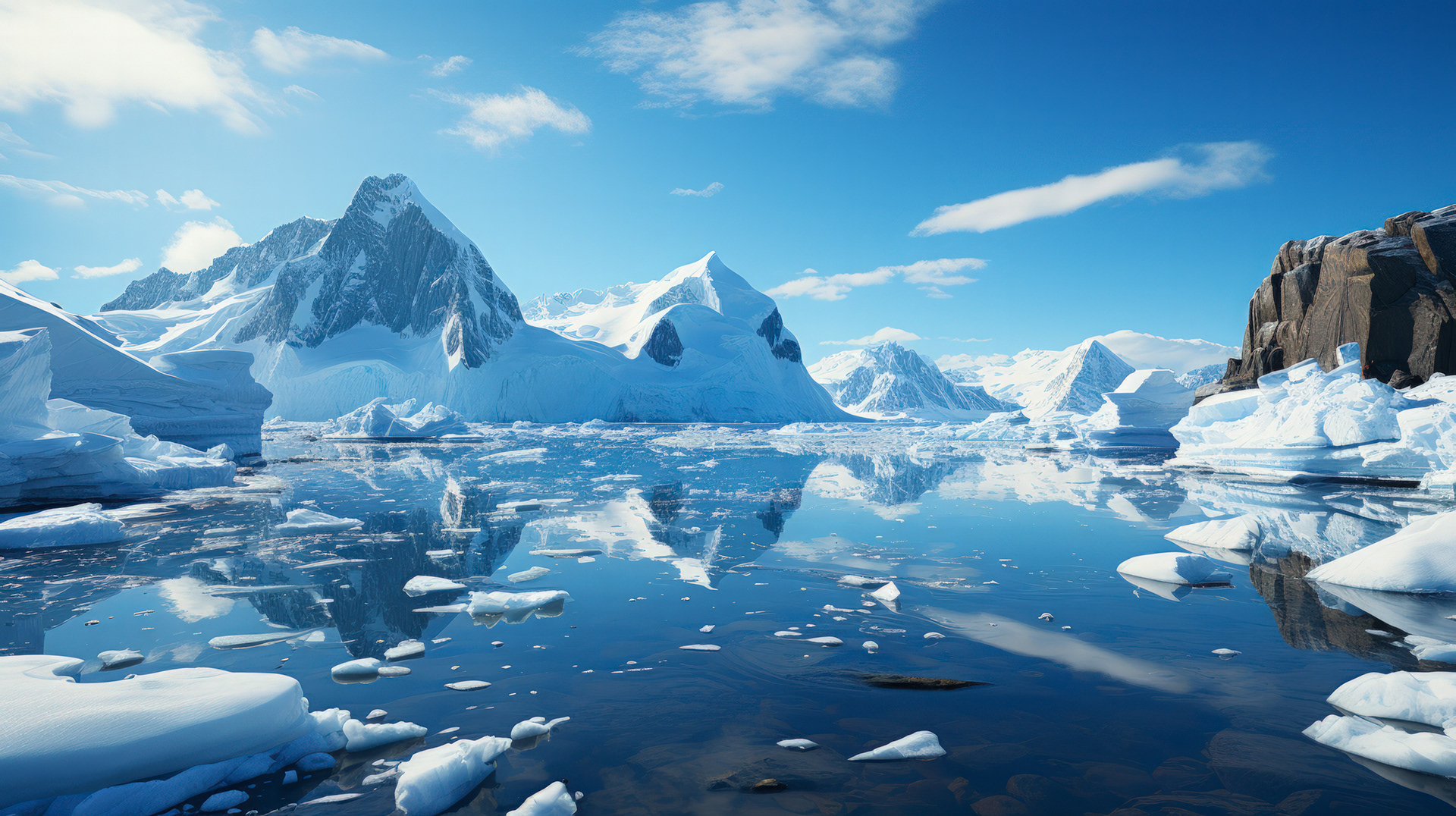 Towering glaciers meeting the ocean, creating a dramatic contrast between ice and water.