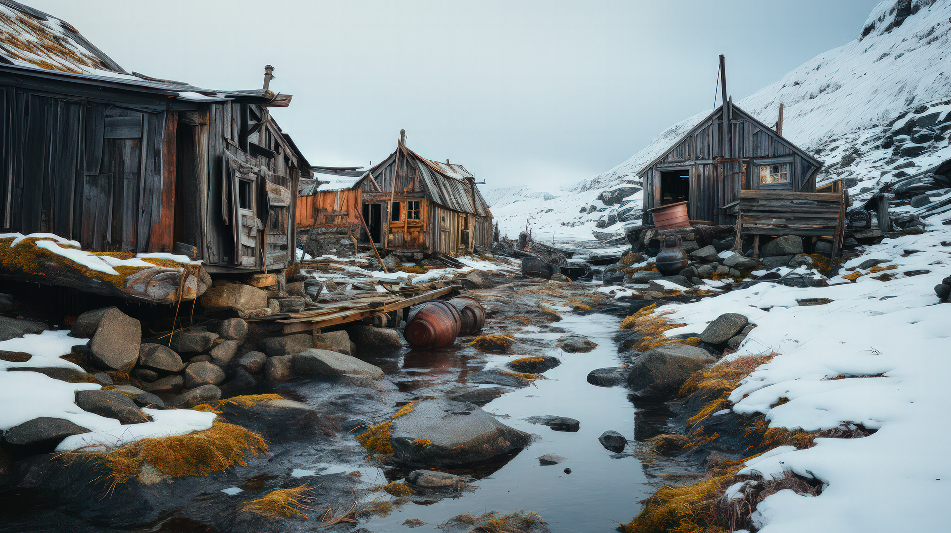 Les vestiges d'une station de recherche de l'Antarctique, dont les installations autrefois très actives sont aujourd'hui silencieuses et figées dans le temps.