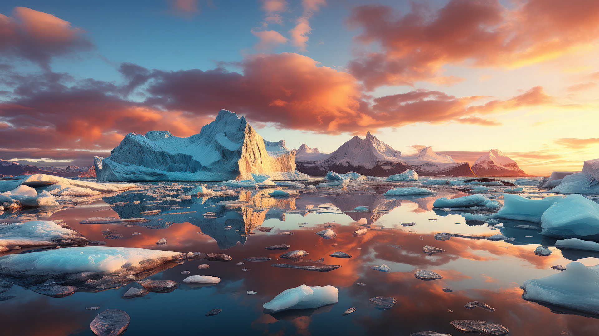 Una vista panorámica de la costa antártica, donde la luz rojiza de la mañana se encuentra con las tonalidades únicas del suelo anaranjado, creando un contraste sorprendente.