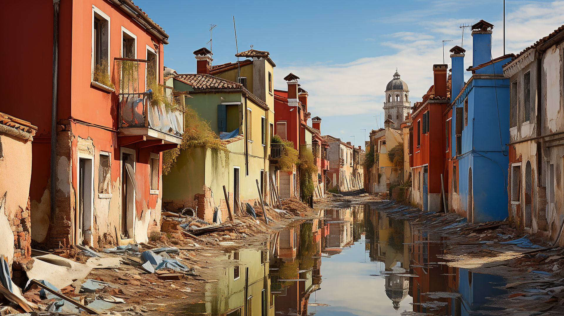 Broken gondolas floating on trash-choked canals in Venice's neighboring islands.