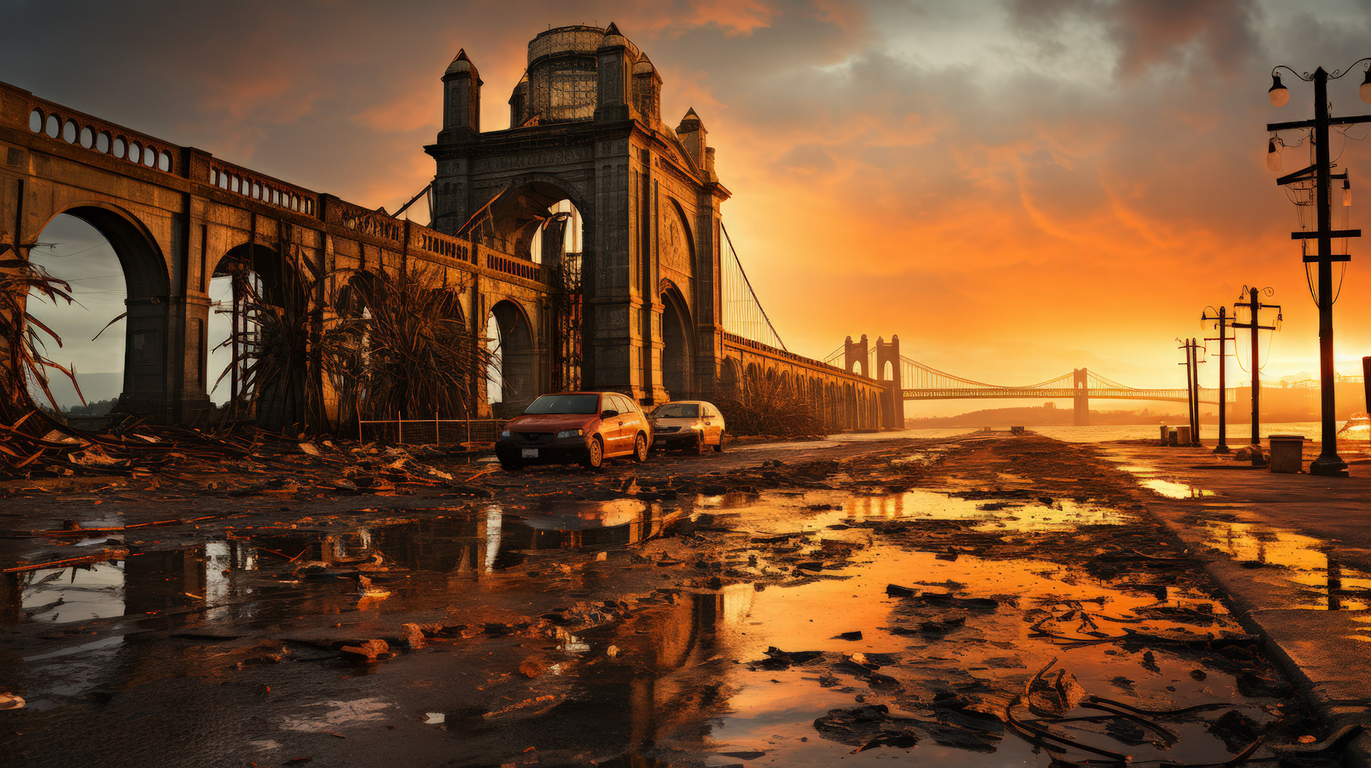 La silueta del puerto ardiendo, las llamas alcanzando el cielo