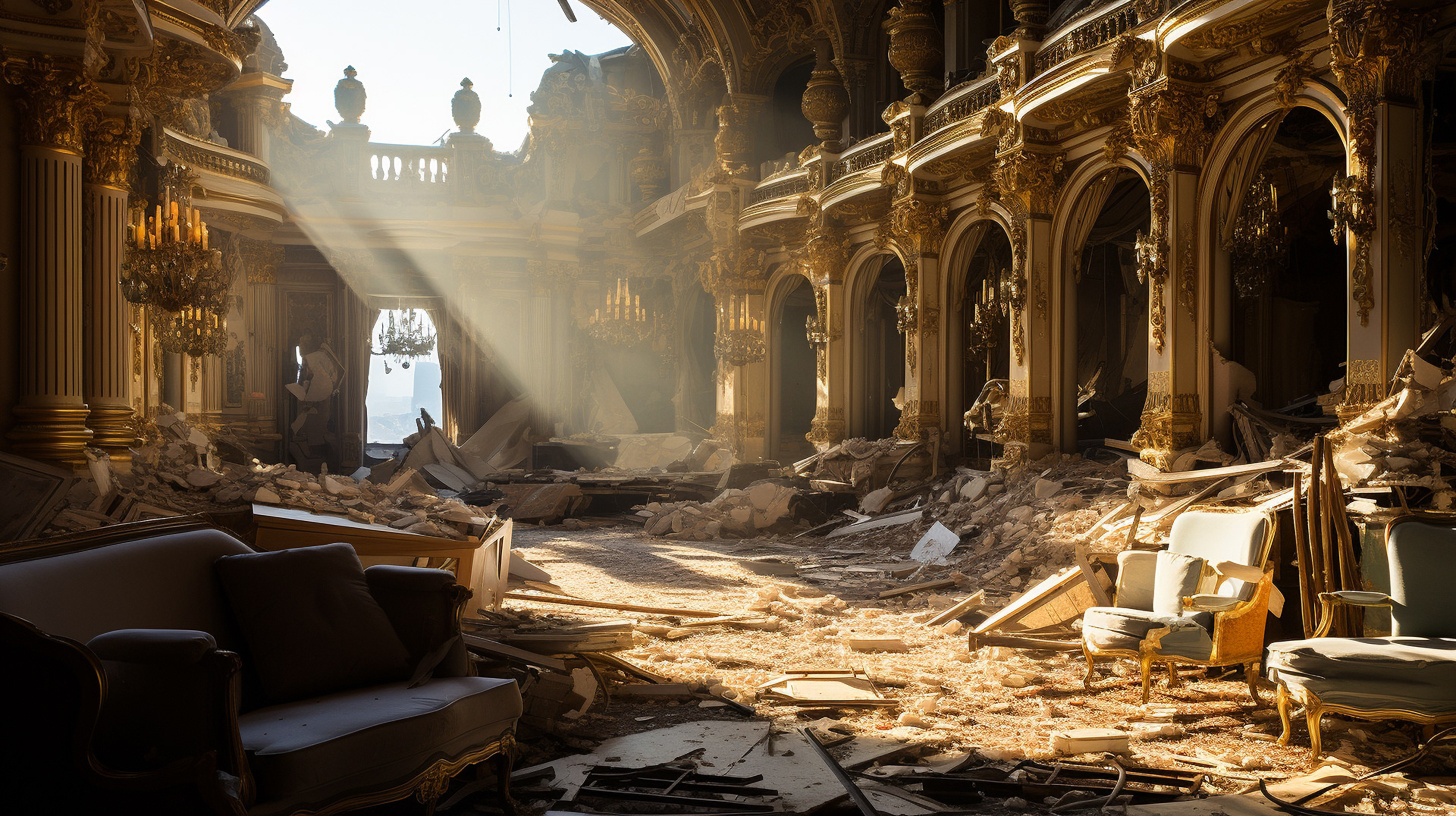 Vista interior de un teatro destruido en París, el escenario lleno de ladrillos y escombros
