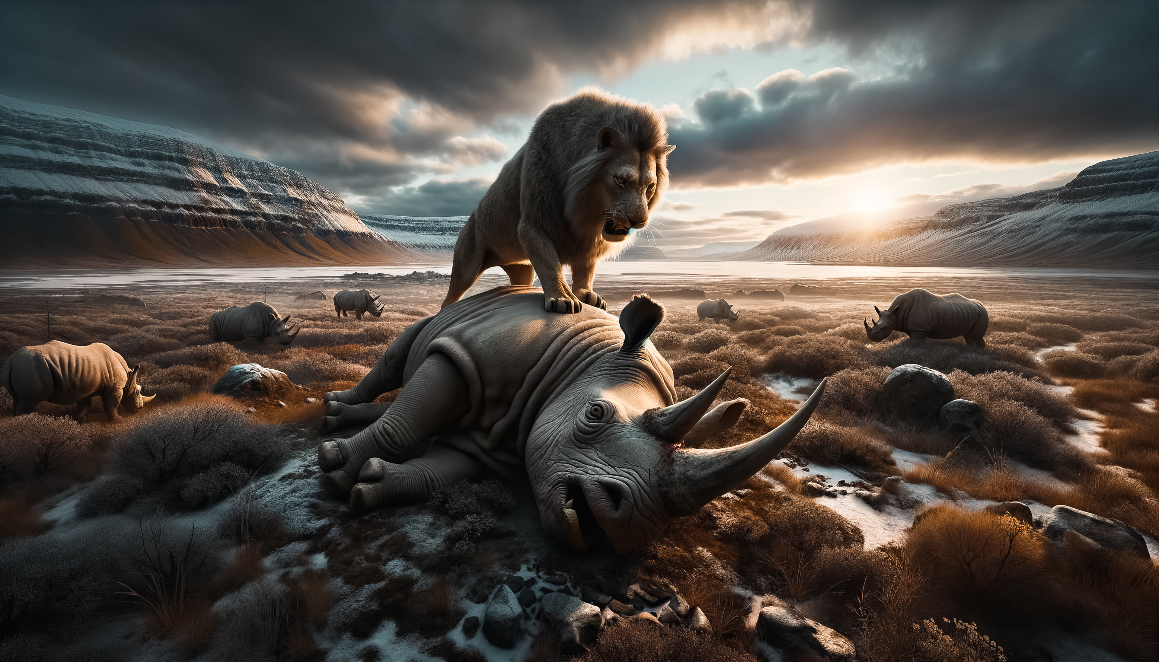 Momento tenso en el que el puma se acerca al rinoceronte, mostrando la intensa interacción entre depredador y presa en un entorno prehistórico.