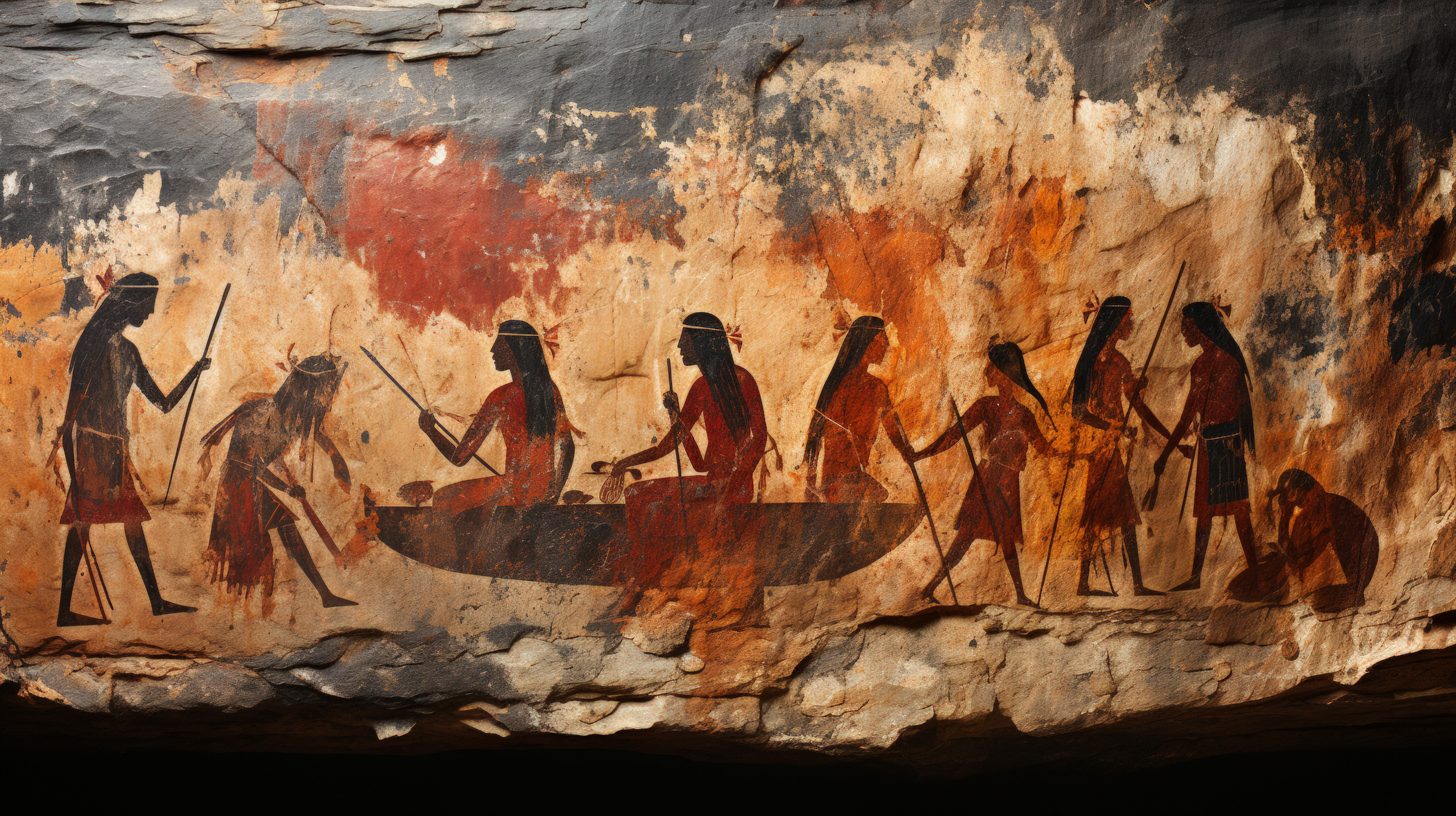 错综复杂、色彩斑斓的古代洞穴壁画,描绘了早期人类的生活场景、动物和象征性图案,刻画在粗糙的洞穴壁面上,展示了我们祖先丰富的文化和艺术遗产