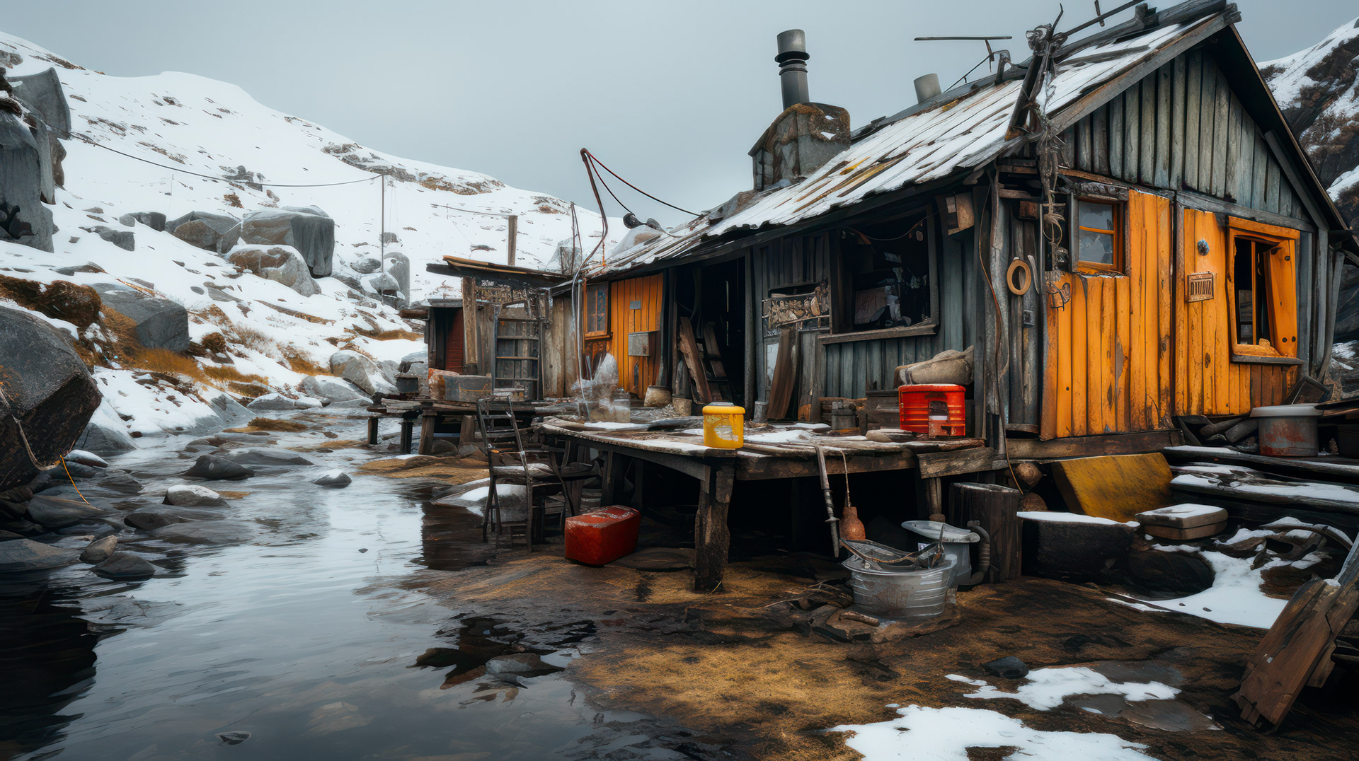 Vue panoramique d'une colonie antarctique désolée, avec des huttes et des bâtiments recouverts de neige qui sont lentement repris par la nature.