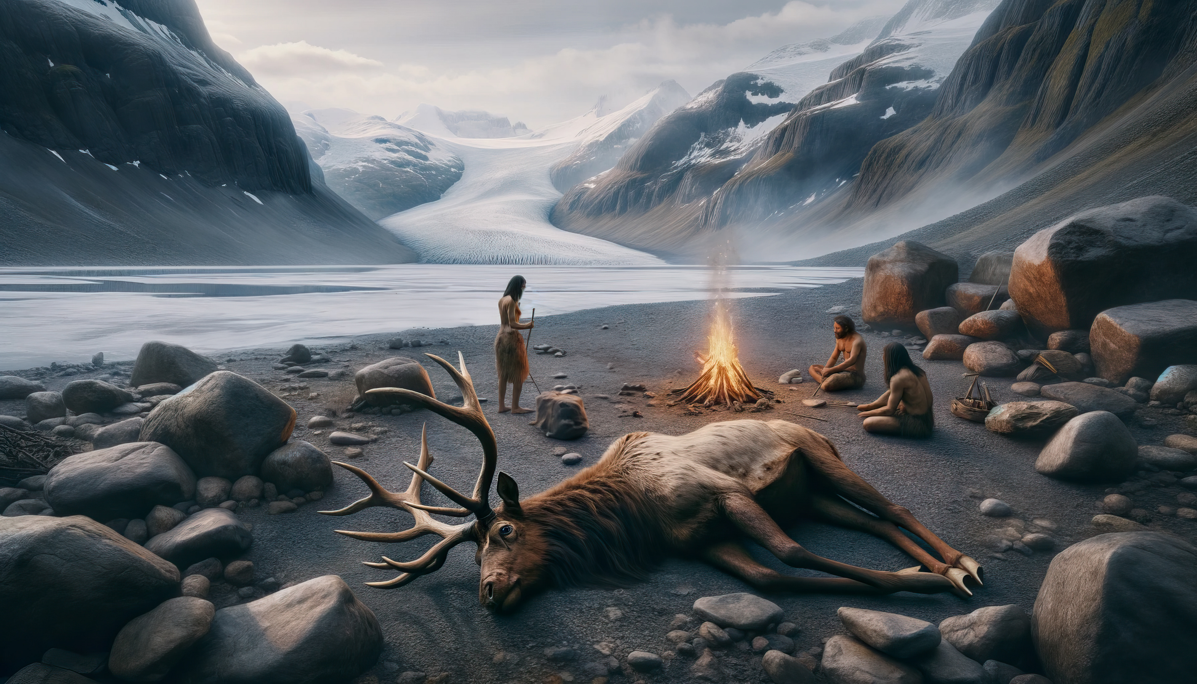 Un grupo de cazadores de la Edad de Piedra, de pie y triunfantes alrededor de un ciervo que han cazado con éxito, mostrando un momento clave de supervivencia y destreza.