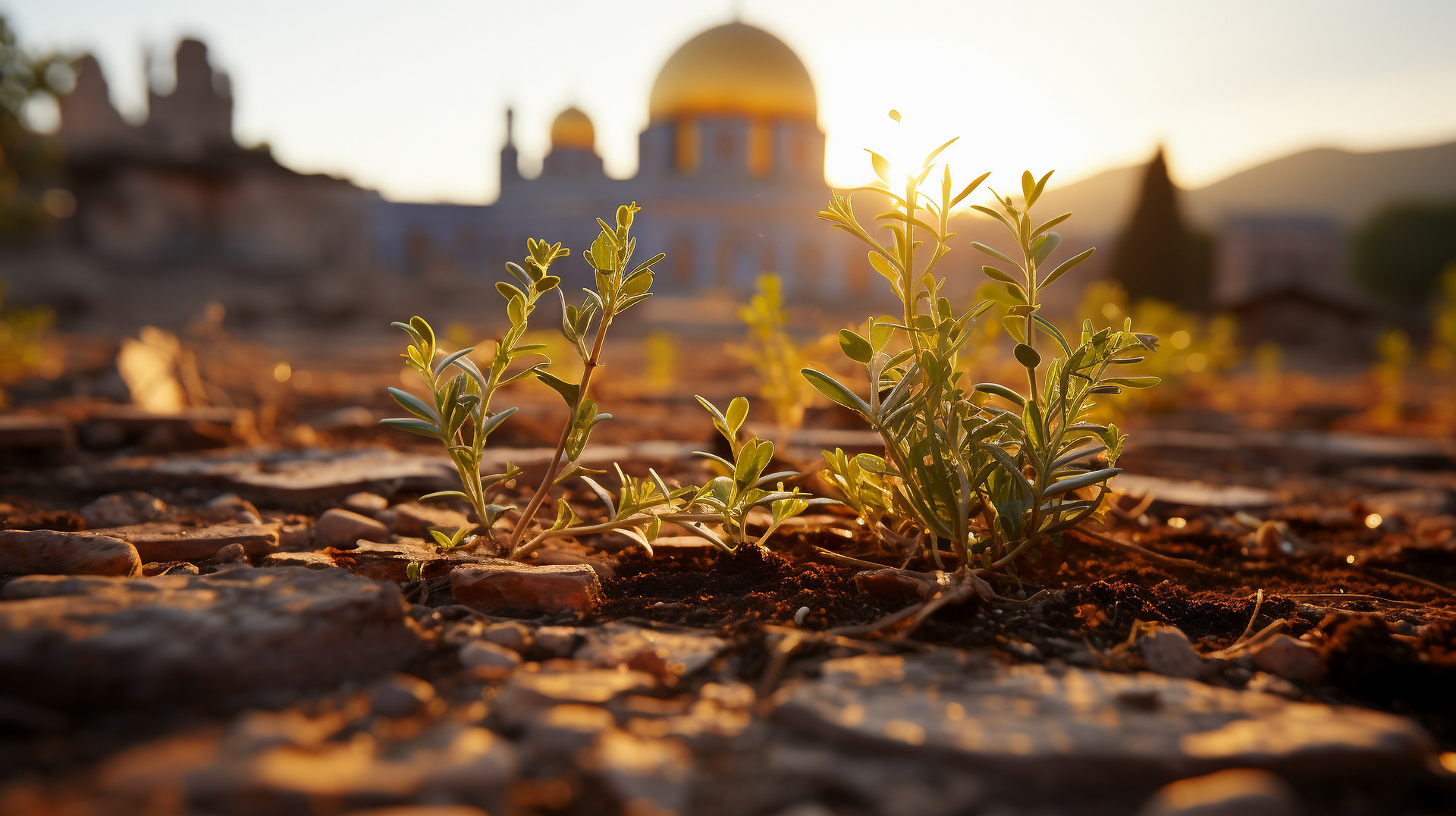耶路撒冷全景，展示其历史建筑和空无一人的街道，沐浴在柔和的夕阳中