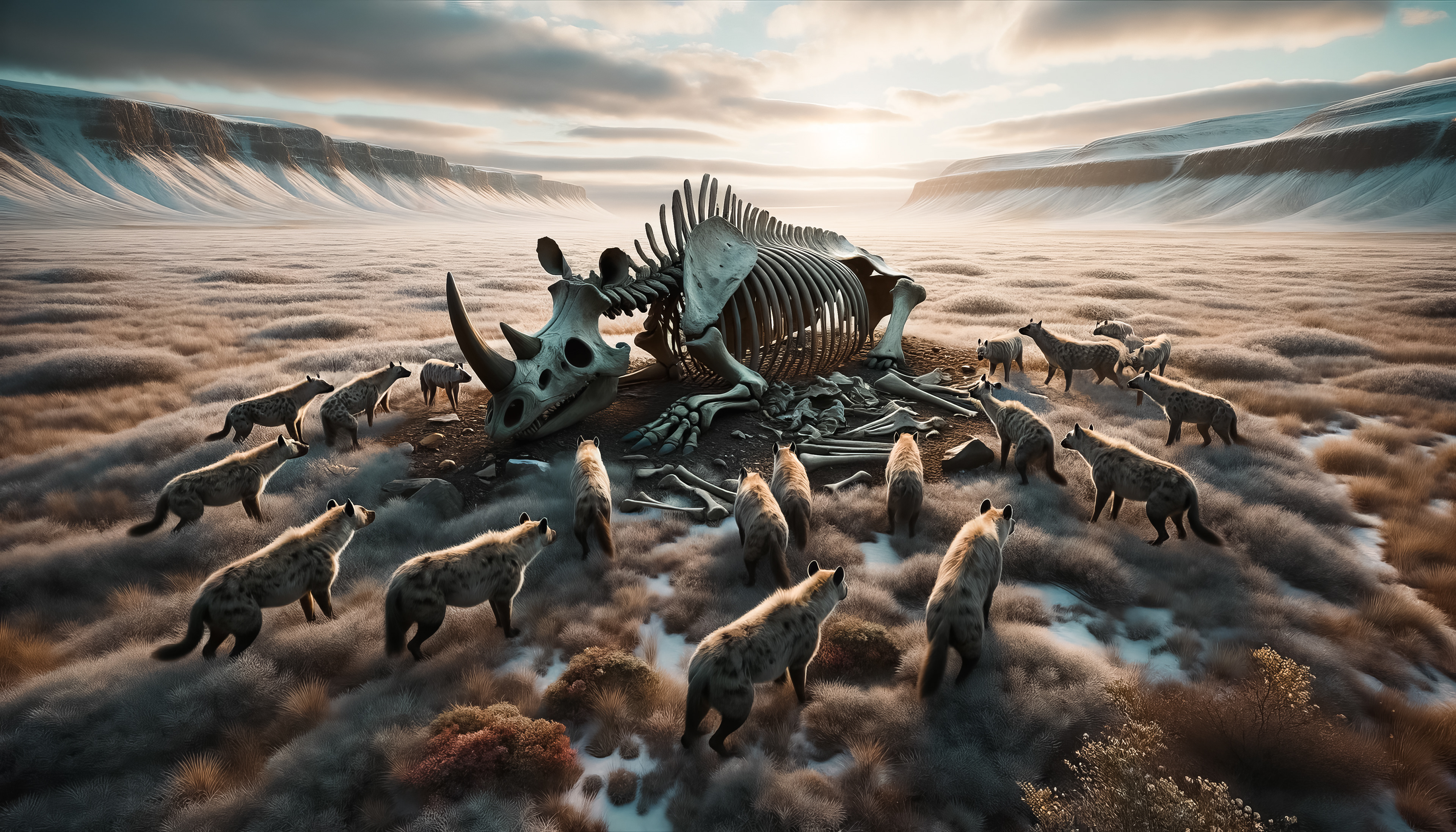 Serene aftermath of the hunt, showing the mountain lion standing victorious, with the vast prehistoric landscape stretching in the background