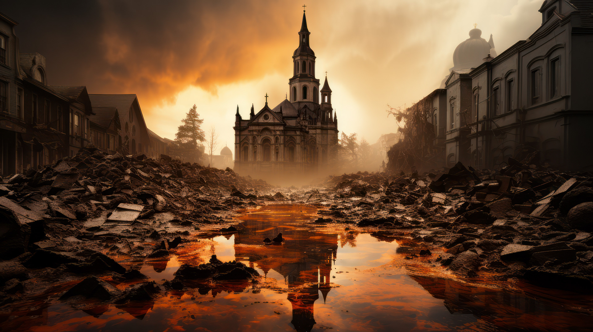 The damaged Grace Cathedral with deep fissures marring its structure