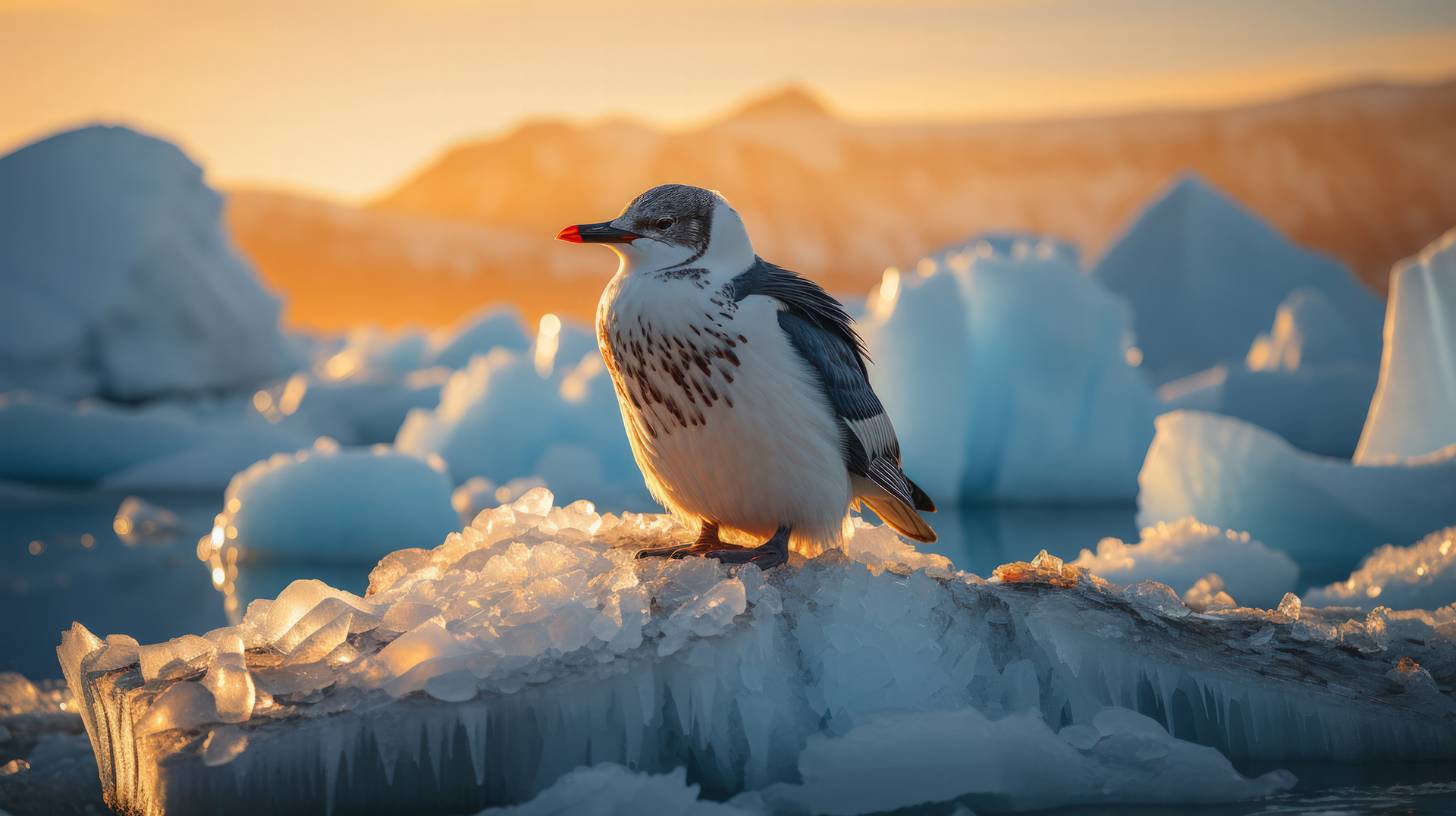 Un primer plano de un skua del Polo Sur, su mirada aguda contrasta con las suaves laderas nevadas de las montañas antárticas detrás.