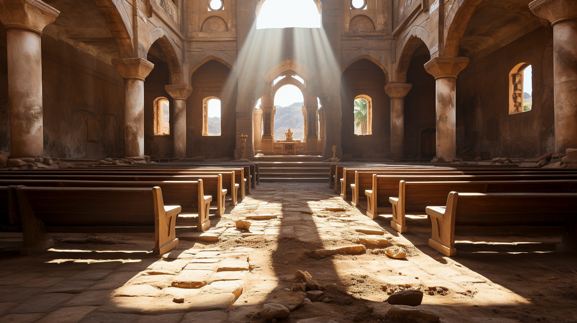 El Monasterio de la Cruz, enclavado en el Valle de la Cruz, se alza ahora como un faro de esperanza en medio de la tormenta de arena. La luz de la luna ilumina sus antiguos muros, y los árboles del patio aparecen como siluetas fantasmales.