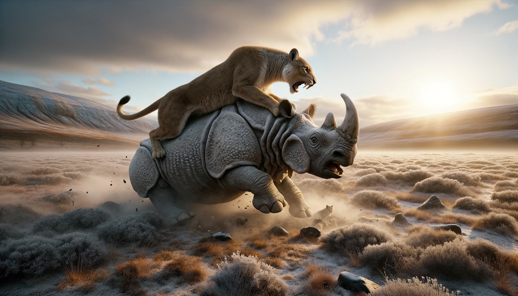 Dynamic image of a mountain lion in mid-sprint, chasing after a large rhinoceros across a rugged, prehistoric terrain.