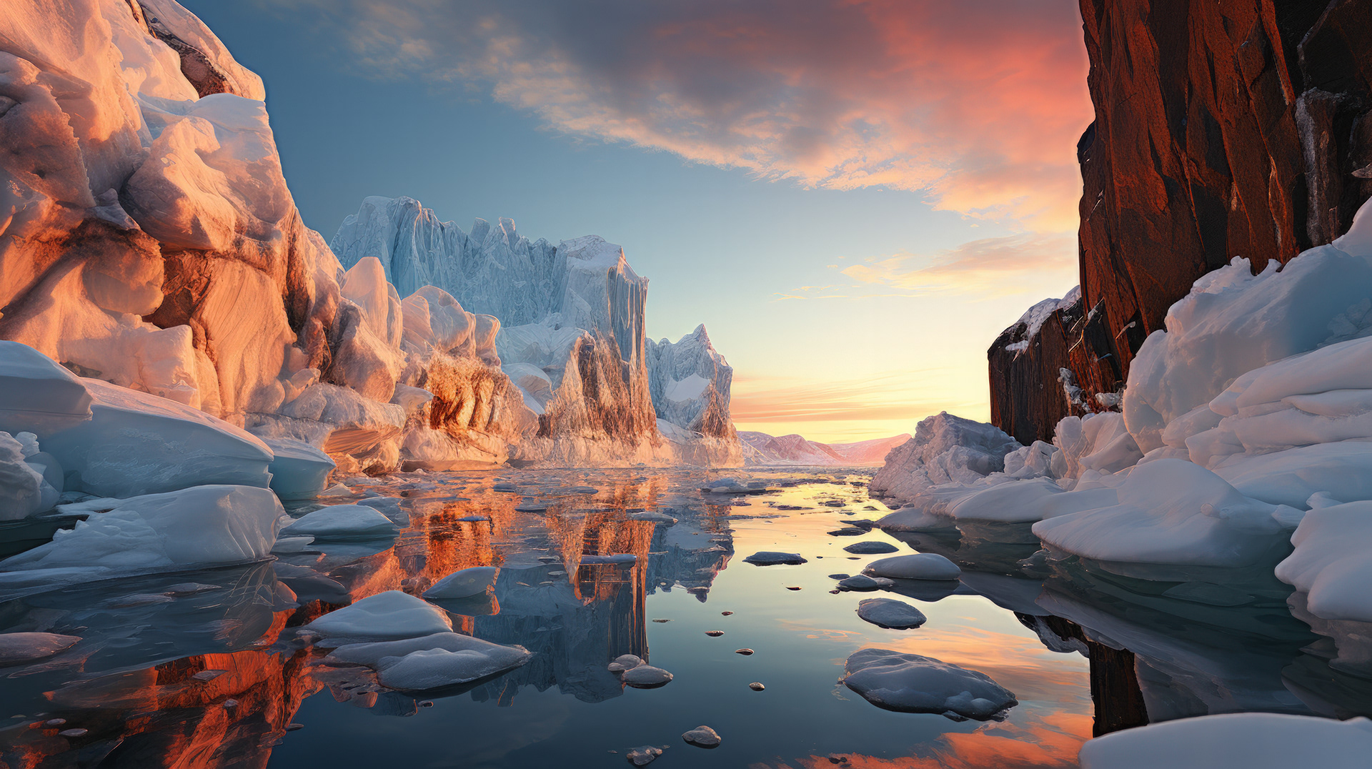 Le paysage de l'Antarctique s'éveille, la lumière rougeâtre du soleil mettant en évidence les taches de terre orange qui apparaissent à travers la neige.