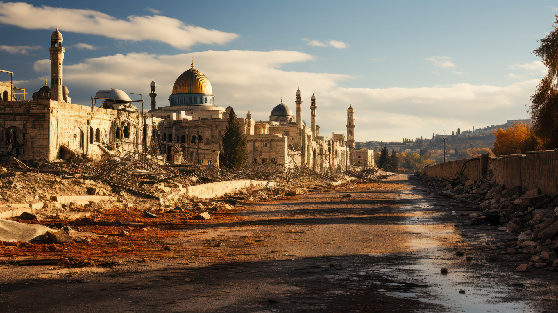 The golden Dome of the Rock standing resilient amidst the encroaching desert sands, symbolizing Jerusalem's enduring spiritual heart.