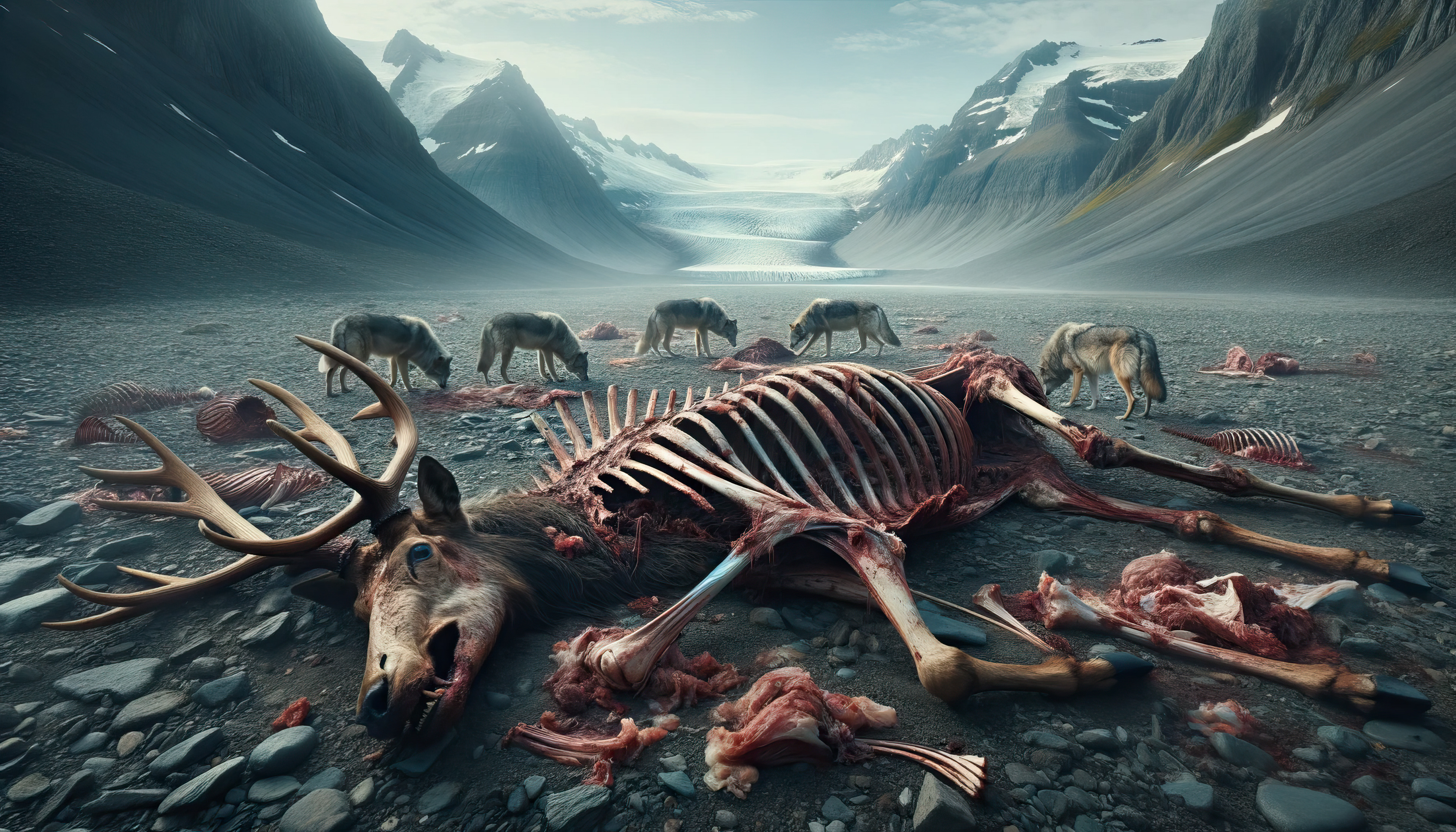 Buitres carroñeros descendiendo sobre los restos del ciervo, ilustrando el ciclo de la naturaleza y el papel de los carroñeros en los ecosistemas prehistóricos.