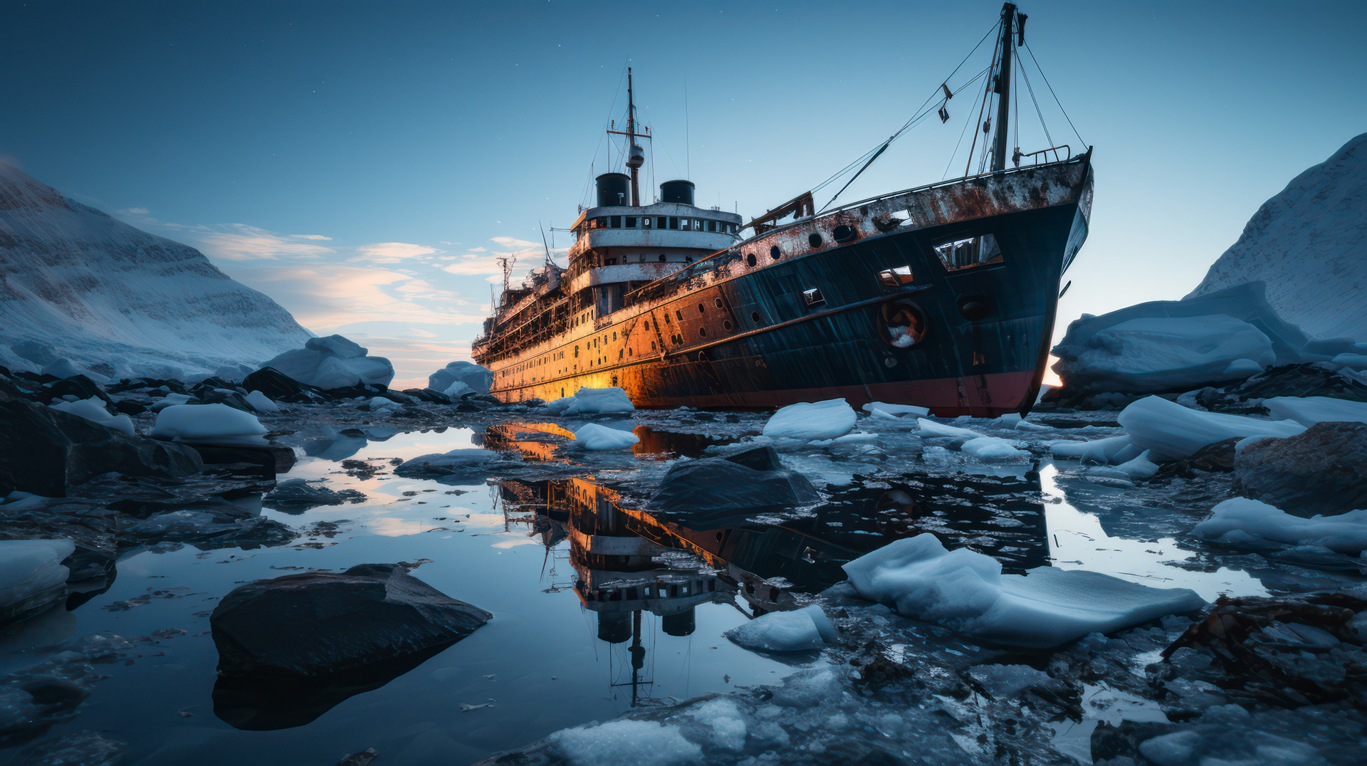 The eerie sight of a ship's ghostly figurehead, half-buried in snow, gazing out into the Antarctic void.
