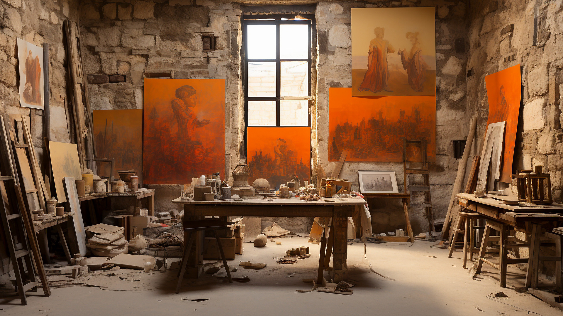 Un vieil atelier d'artiste à Ein Karem, capturant l'essence de la créativité avec des pinceaux et des toiles inachevées.