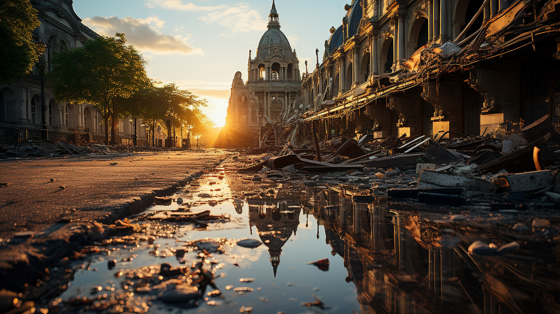 Las sombras de las ruinas de París por la noche cuentan la historia de lo que una vez fue