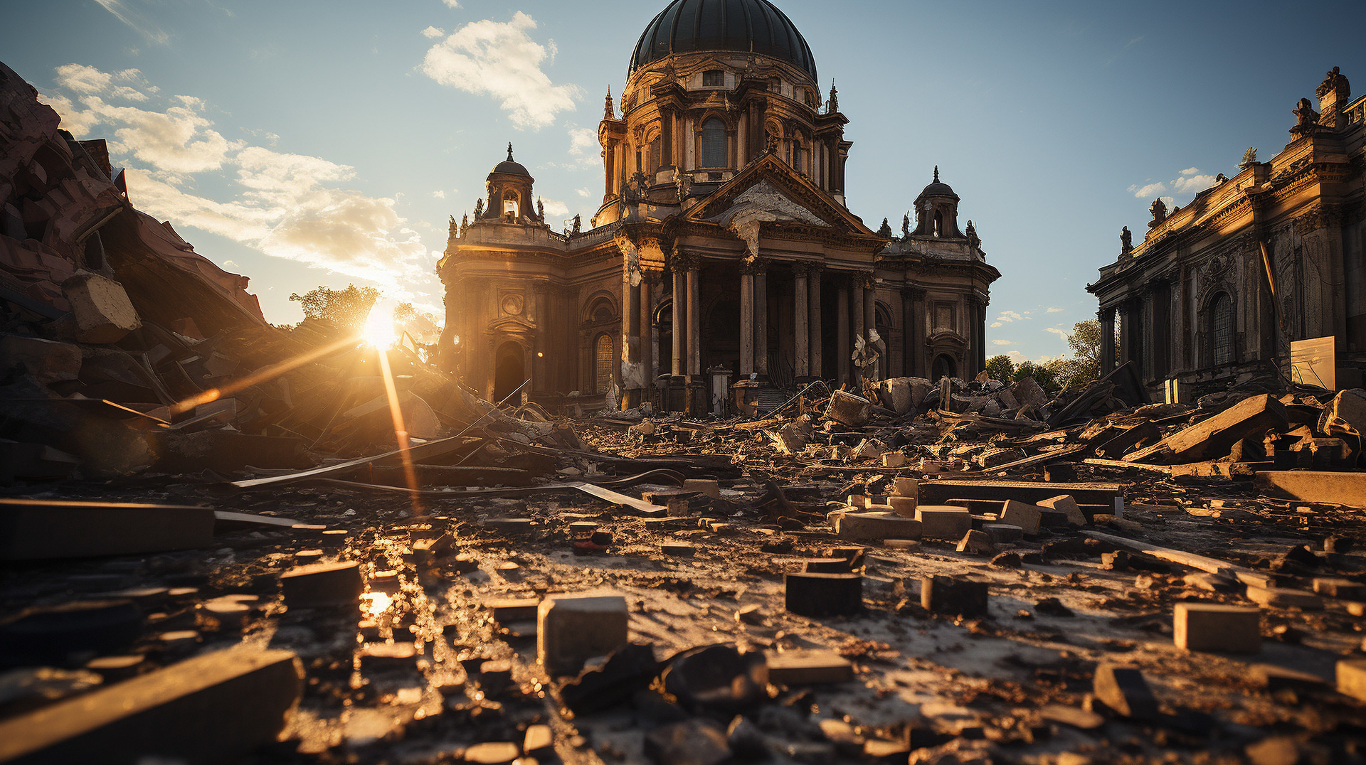 As night falls, the devastated streets of Paris present a ghostly and surreal landscape