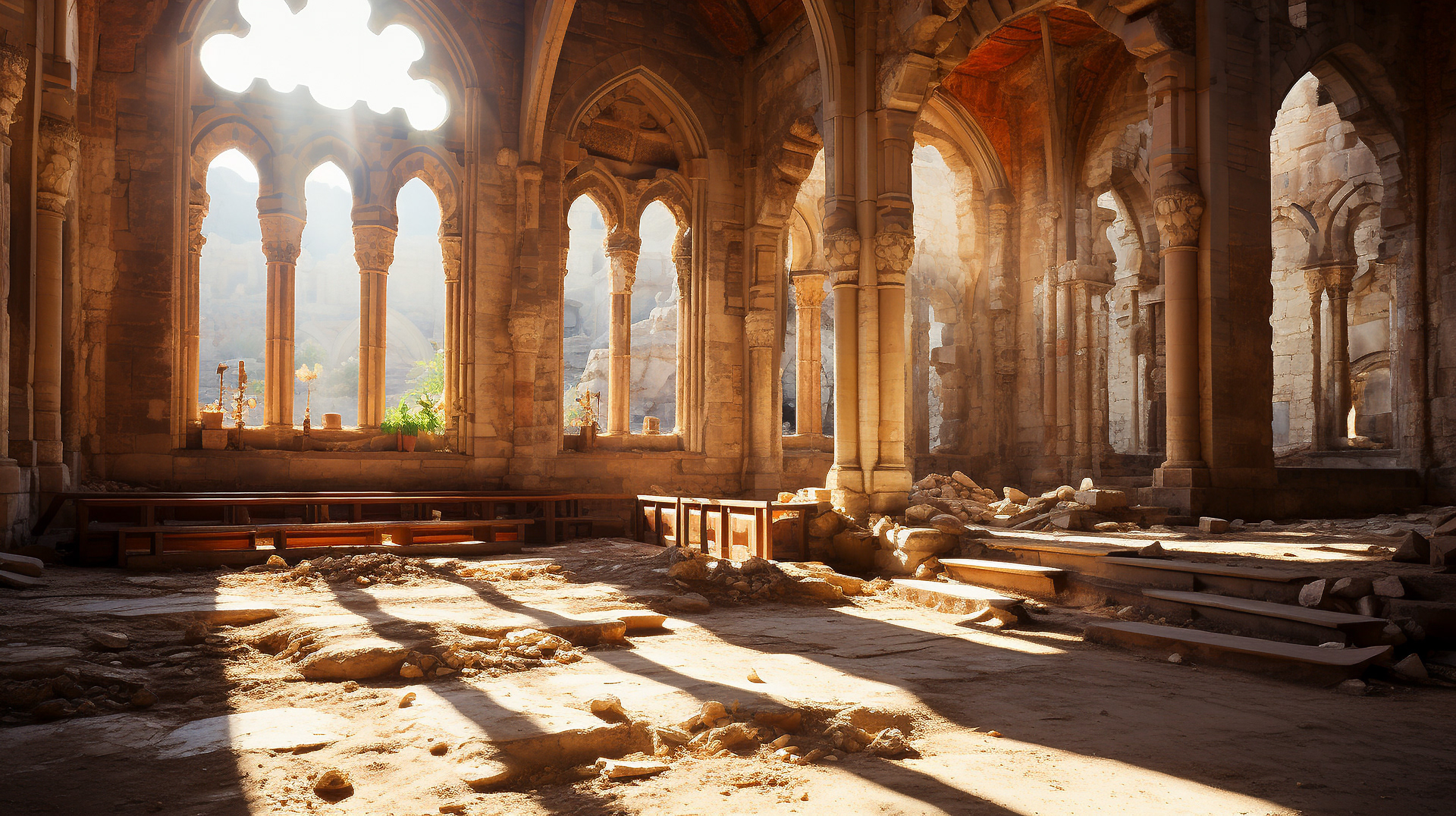 The once vibrant interior of the Church, now shrouded in darkness and silence.