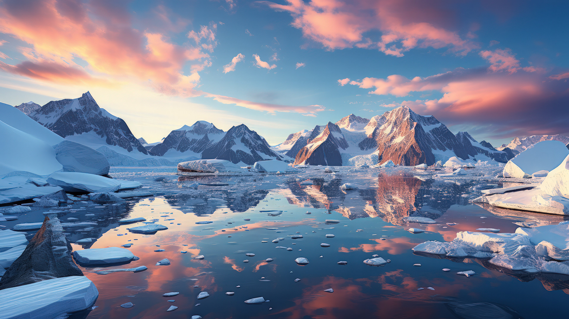 Una impresionante panorámica antártica, con el sol de primera hora de la mañana proyectando un profundo resplandor rojizo sobre las vastas llanuras heladas y las brillantes aguas.