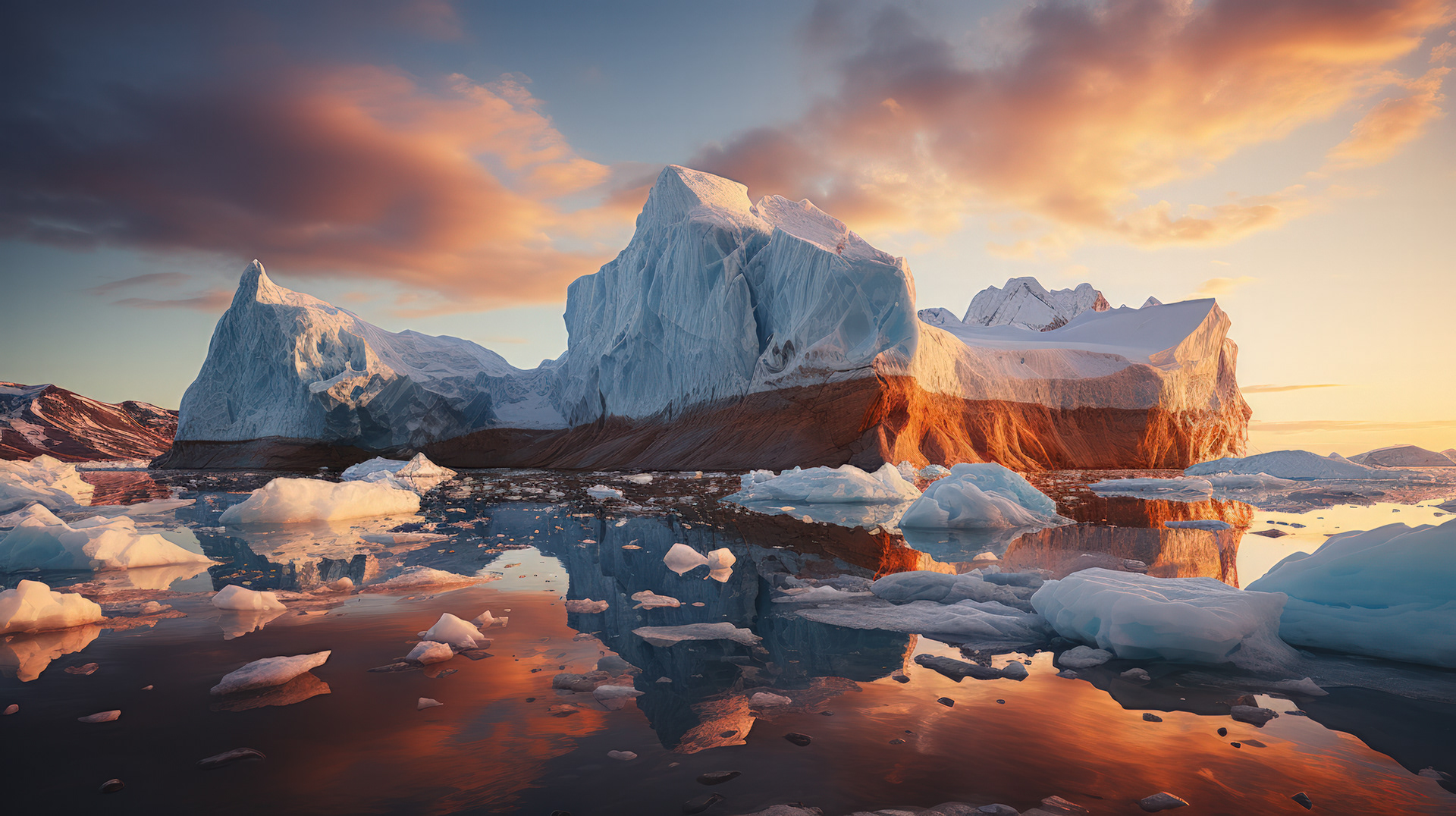 The silhouette of distant mountains against a fiery Antarctic sunrise, reflected on the calm sea.