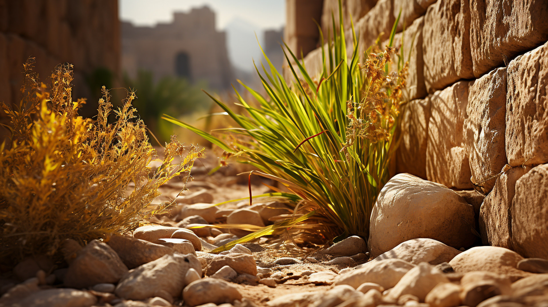 The Via Dolorosa, historically significant as the path Jesus walked carrying the cross, is now a winding trail of sand dunes, with remnants of its cobblestone path peeking through.