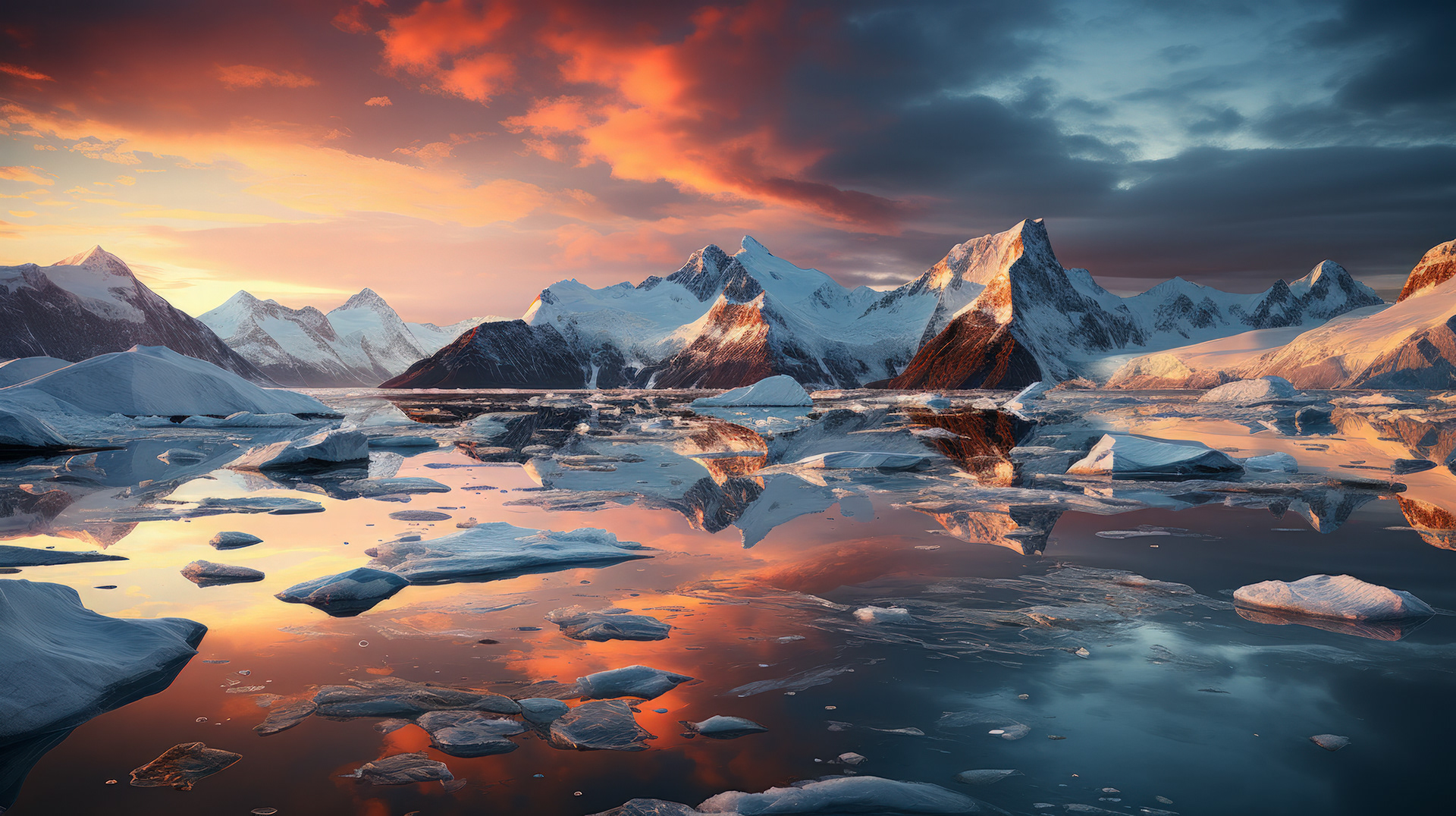La silhouette d'icebergs imposants, baignés d'une chaude teinte rougeâtre alors que les premières lueurs de l'aube se lèvent sur l'horizon de l'Antarctique.
