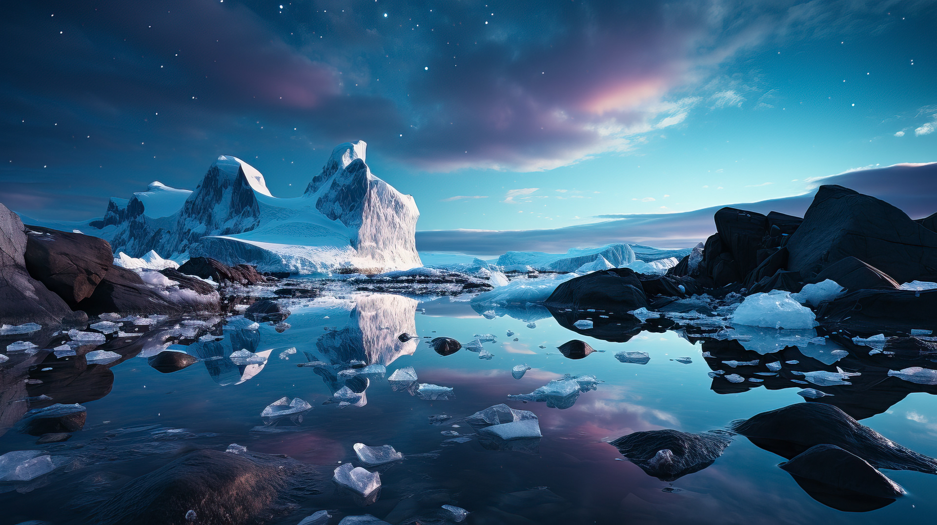 A panoramic view of the Antarctic coast, where ice meets the deep blue ocean, under a clear sky.