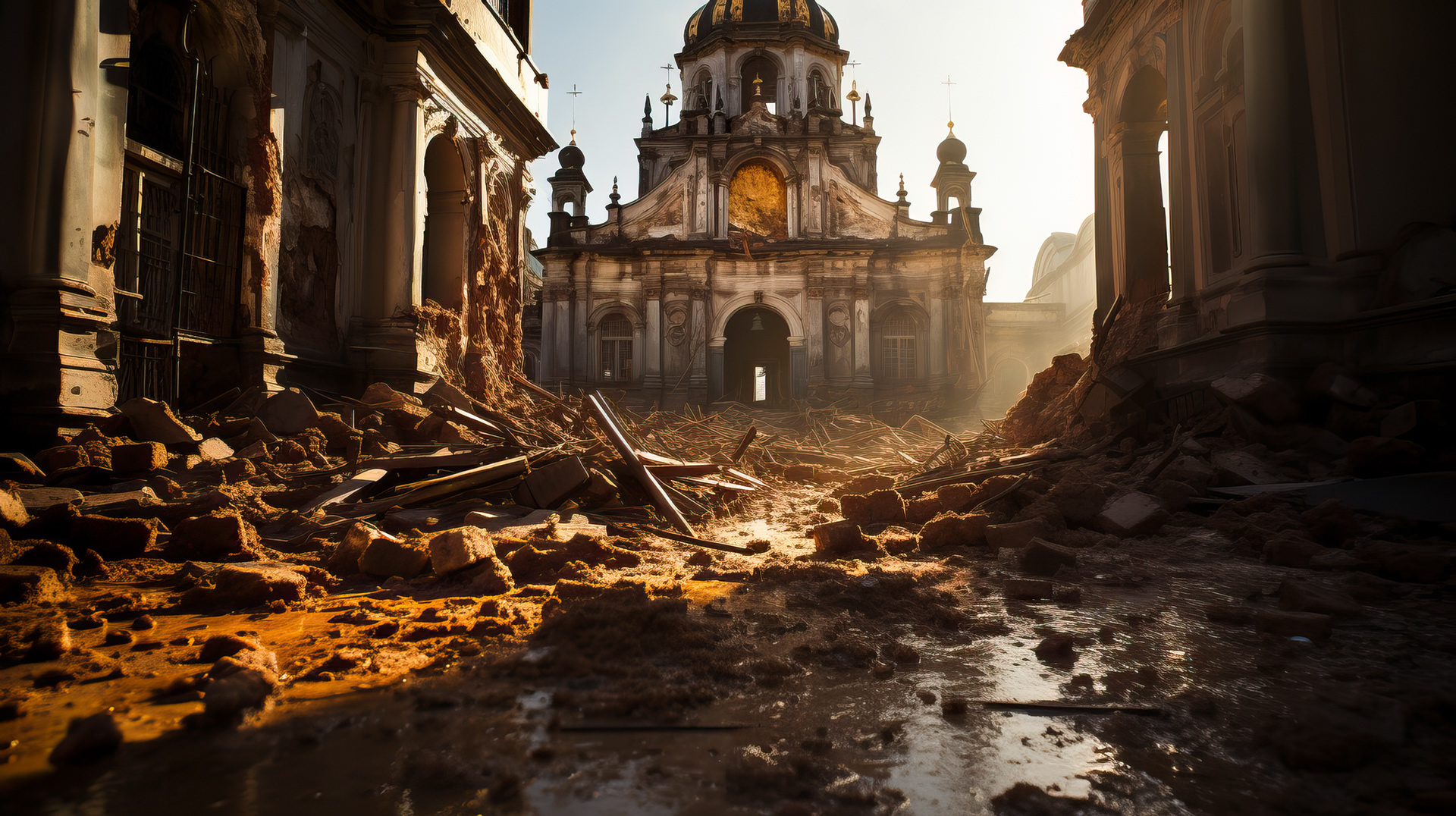 Antigua catedral de Santa María con un campanario precariamente inclinado