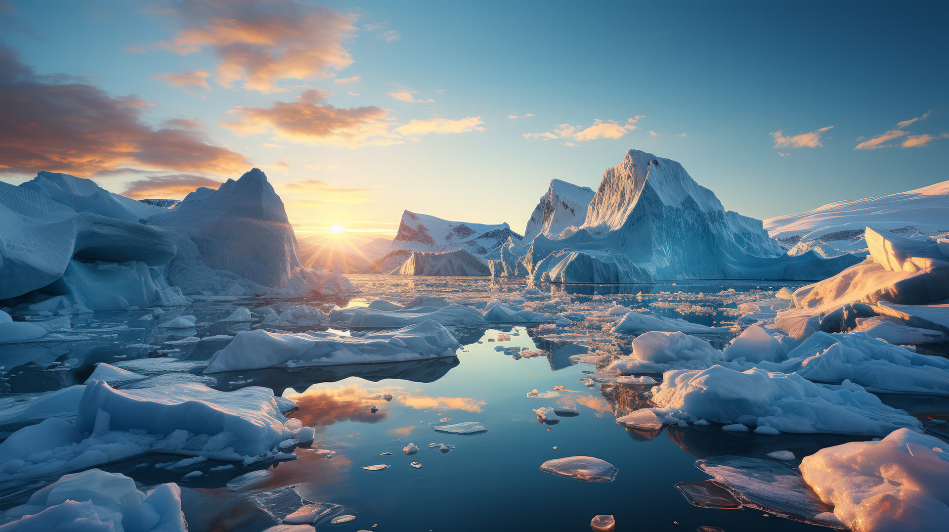 Una vista impresionante de la costa antártica, con los primeros rayos del amanecer proyectando un tono dorado sobre las costas heladas y las aguas tranquilas.