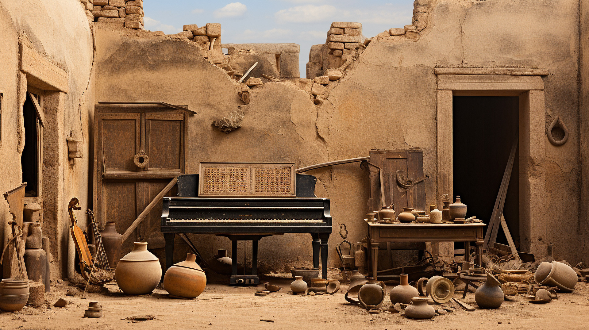 Una cabina de escucha con auriculares abandonada, donde antes los visitantes se sumergían en las melodías de la música hebrea, ahora en inquietante silencio.