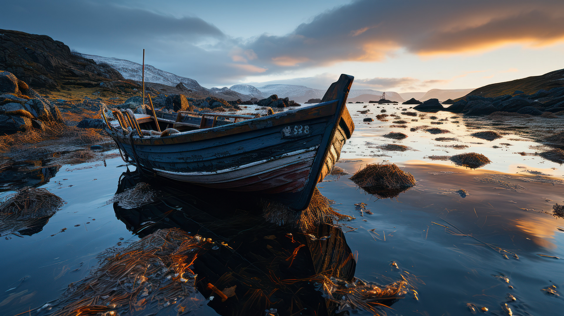 The silhouette of an abandoned boat, frozen in time, against the backdrop of a setting Antarctic sun.