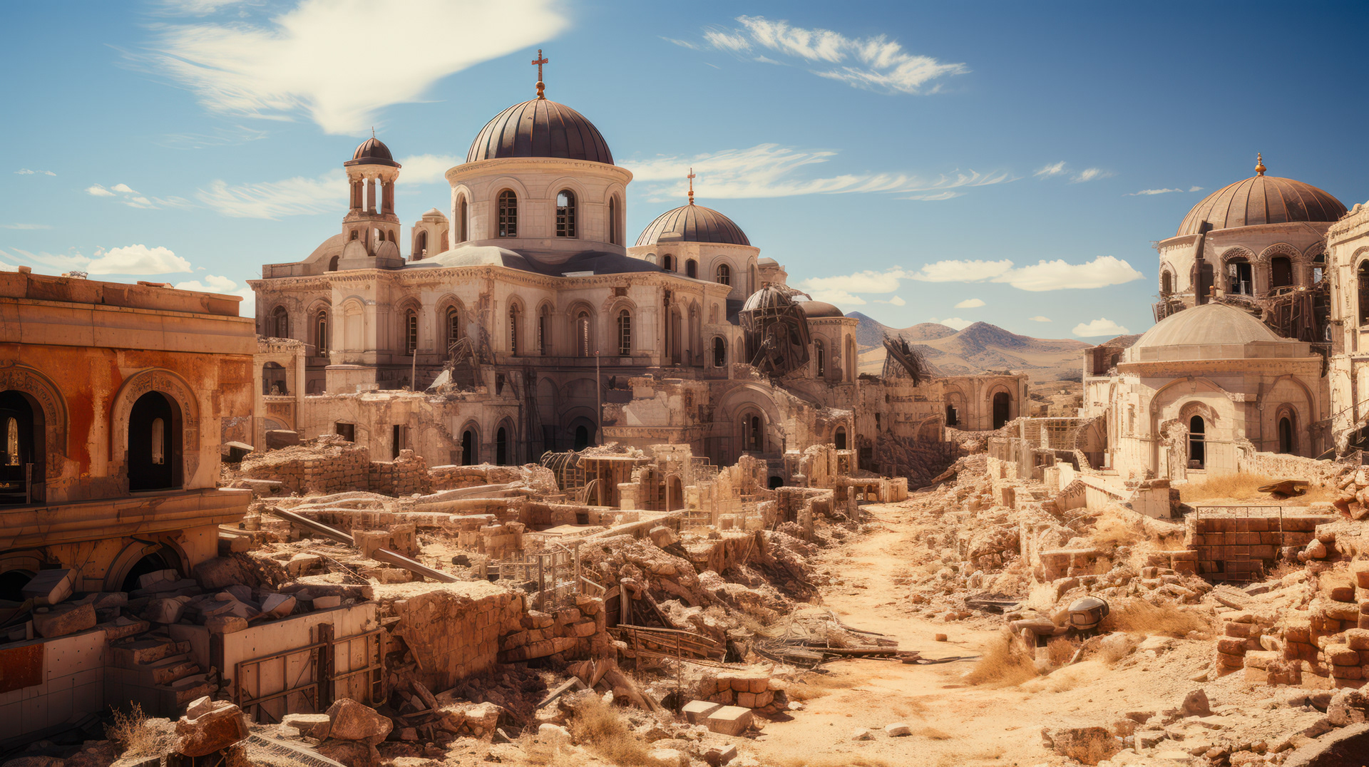 Una vista panorámica de la Jerusalén postapocalíptica de 2080, que muestra sus calles silenciosas y su arquitectura histórica.