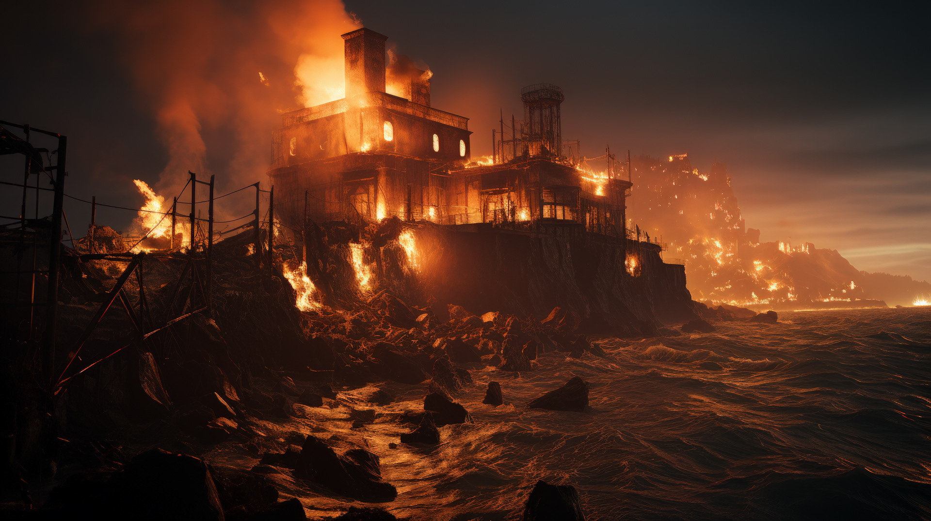 Fisherman's Wharf buildings slowly being consumed by advancing lava