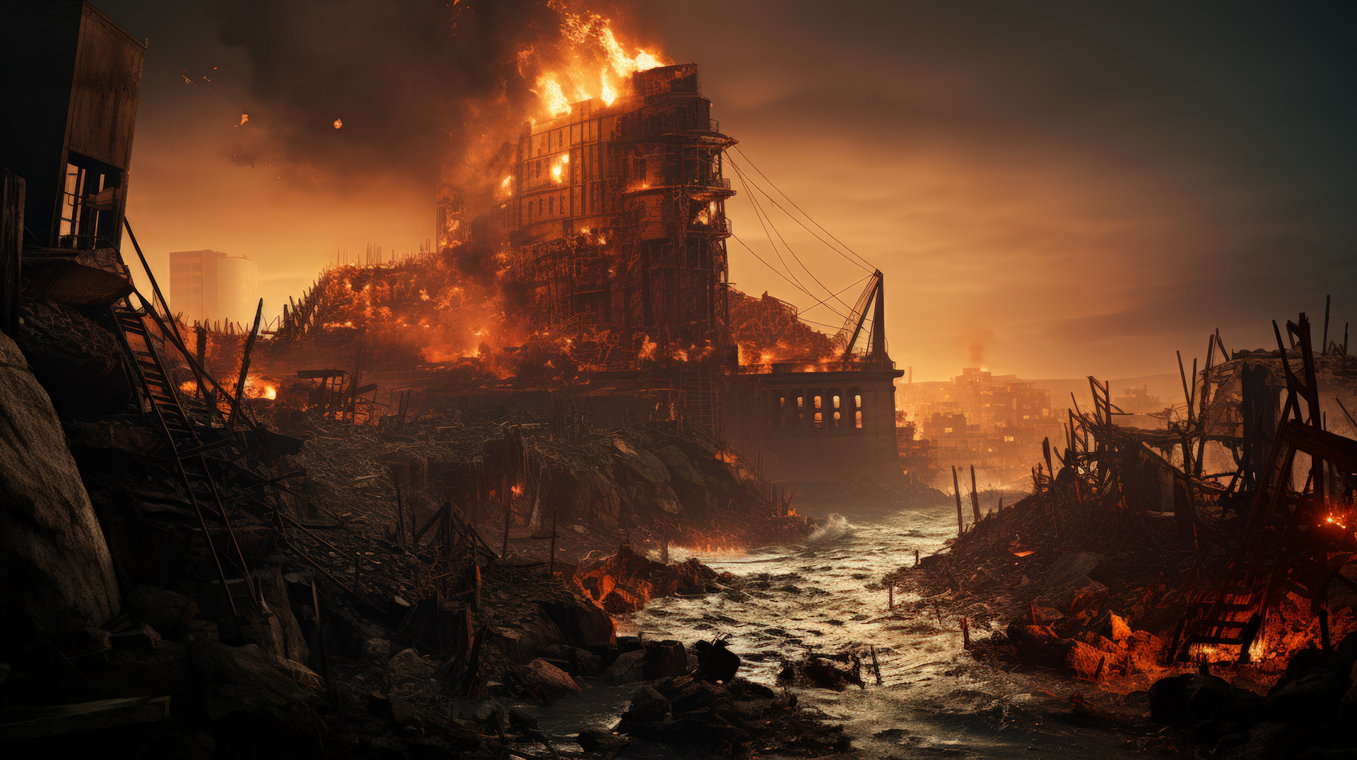 Fisherman's Wharf buildings slowly being consumed by advancing lava