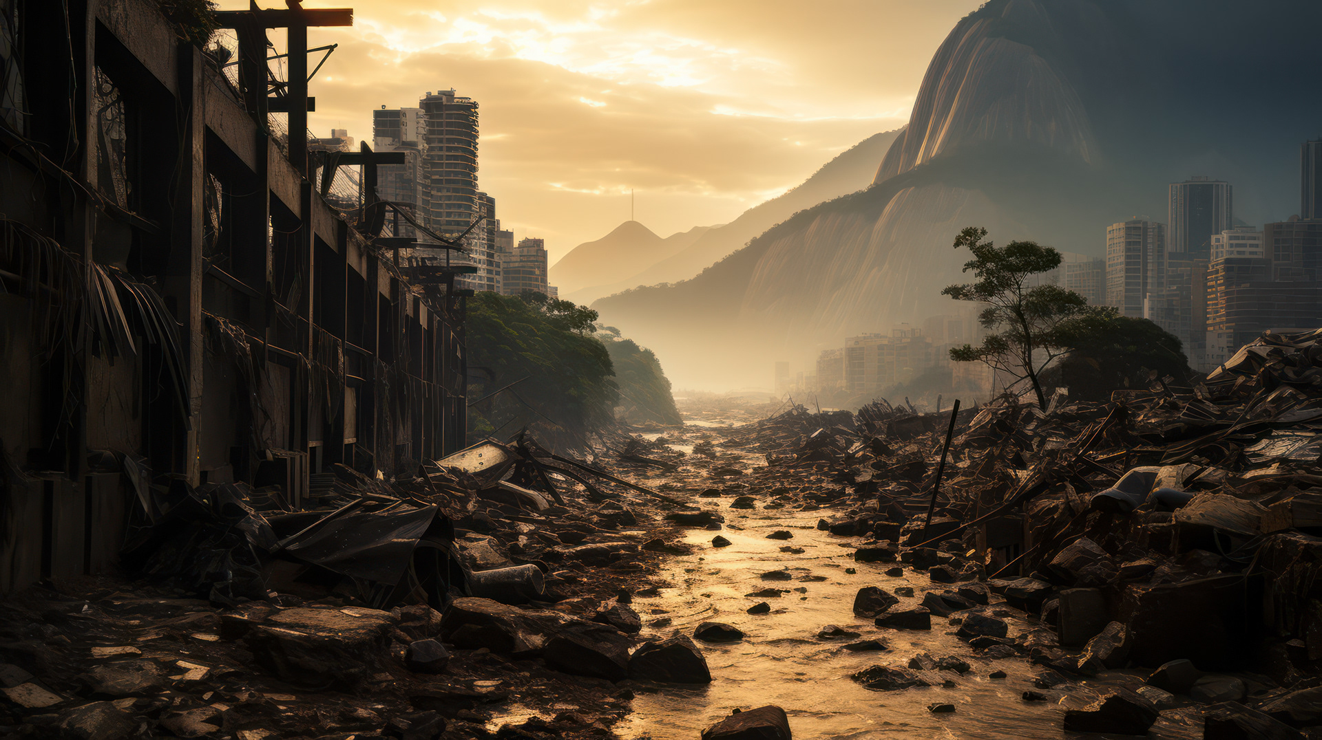 A panoramic view of Rio de Janeiro's skyline, with the once bustling streets now eerily silent and devoid of human presence