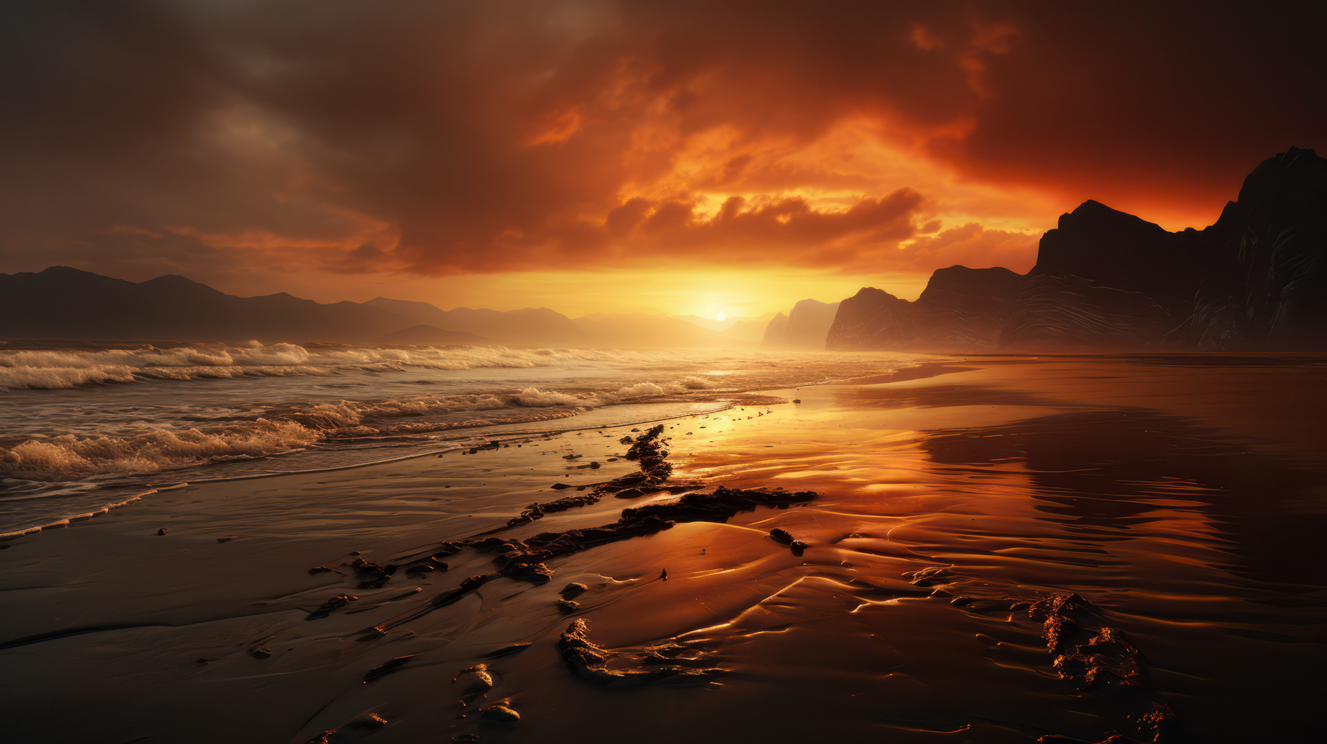 海湾倒映着远方的火光,水波荡漾