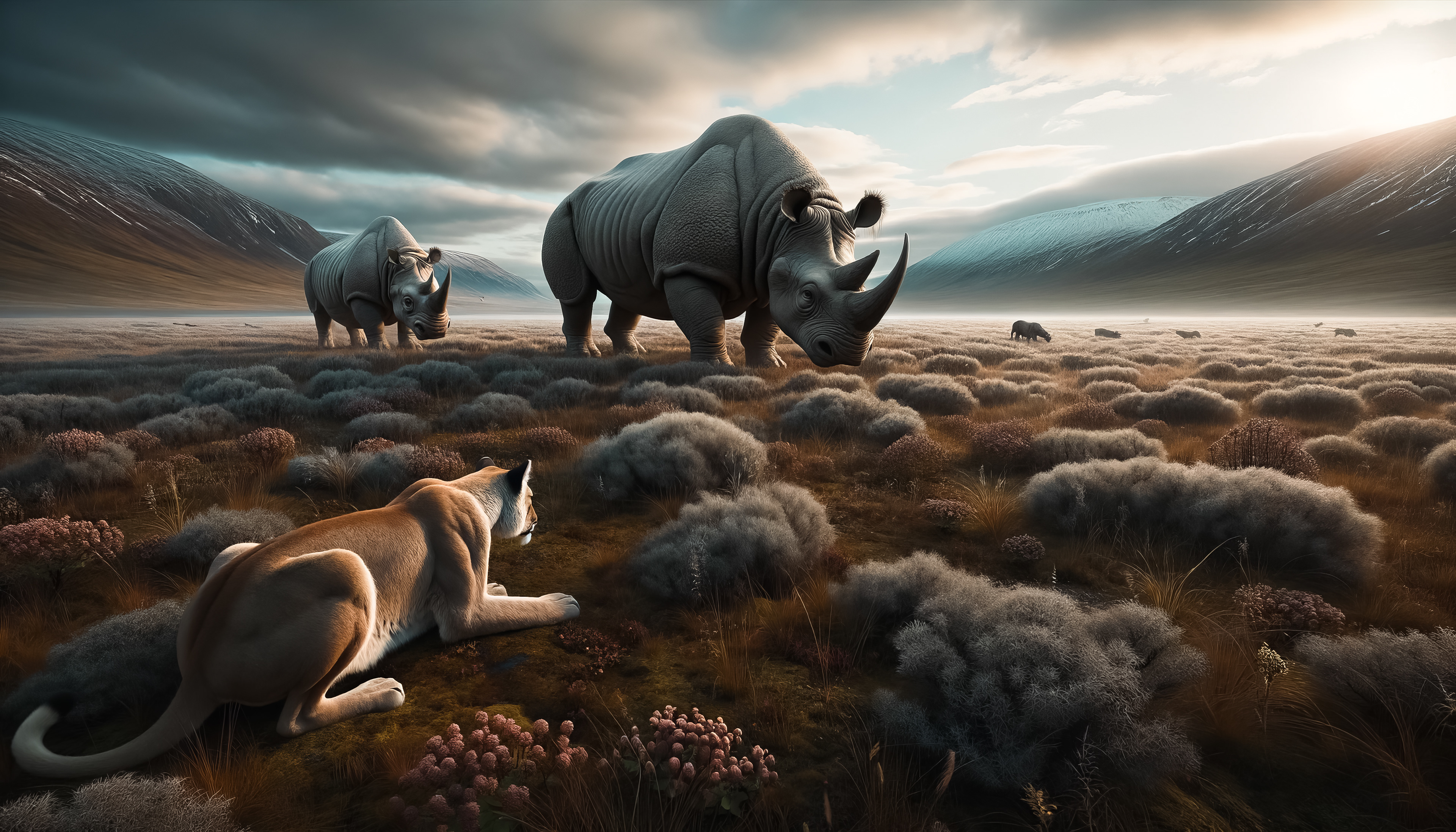 Prehistoric mountain lion crouched in tall grass, eyes focused, preparing to stalk a rhinoceros in a primitive landscape
