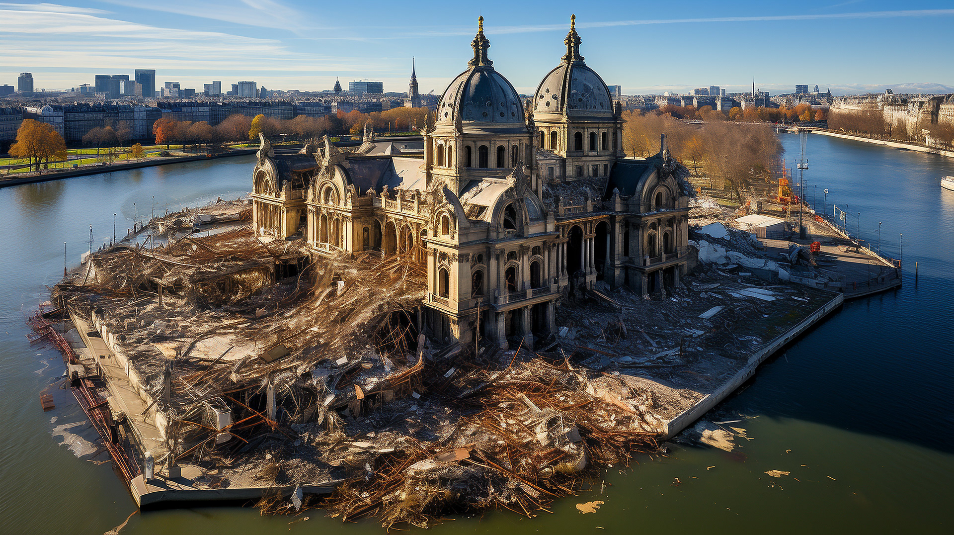 Vista aérea de las secuelas del terremoto en París, con los monumentos históricos aún visibles.