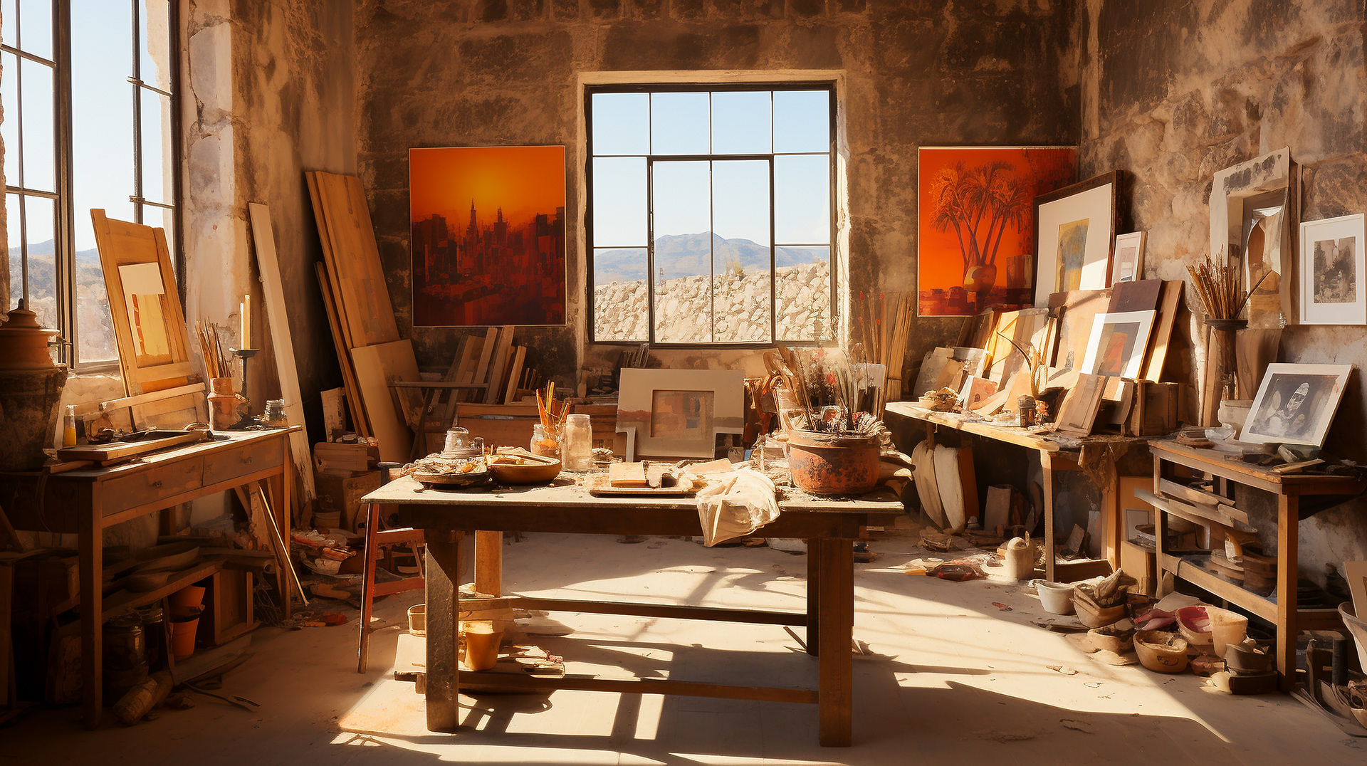 Un vieil atelier d'artiste à Ein Karem, capturant l'essence de la créativité avec des pinceaux et des toiles inachevées.