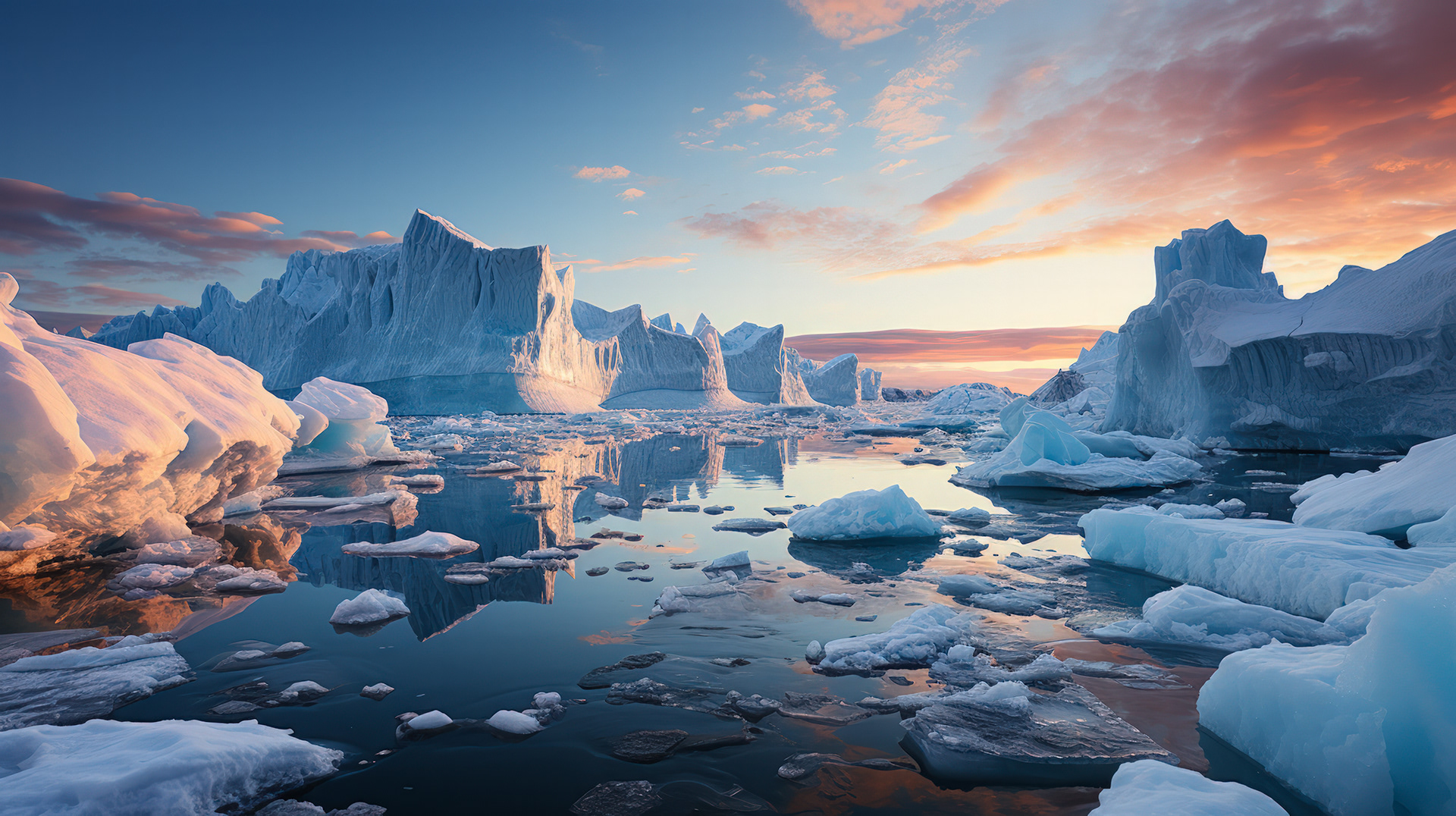 Les vastes plaines de l'Antarctique se reflètent dans le ciel bleu clair, entourées d'eaux tranquilles.