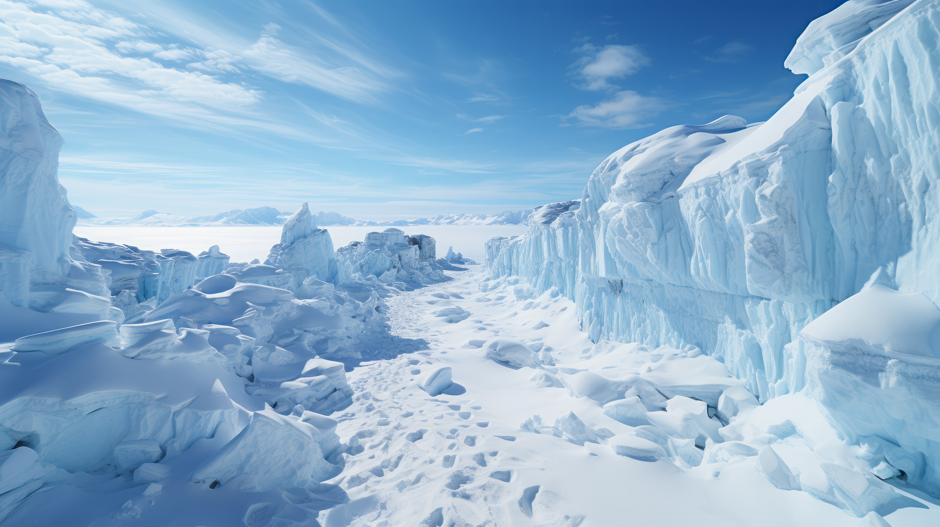 The golden glow of sunrise illuminating the intricate patterns on an Antarctic glacier.