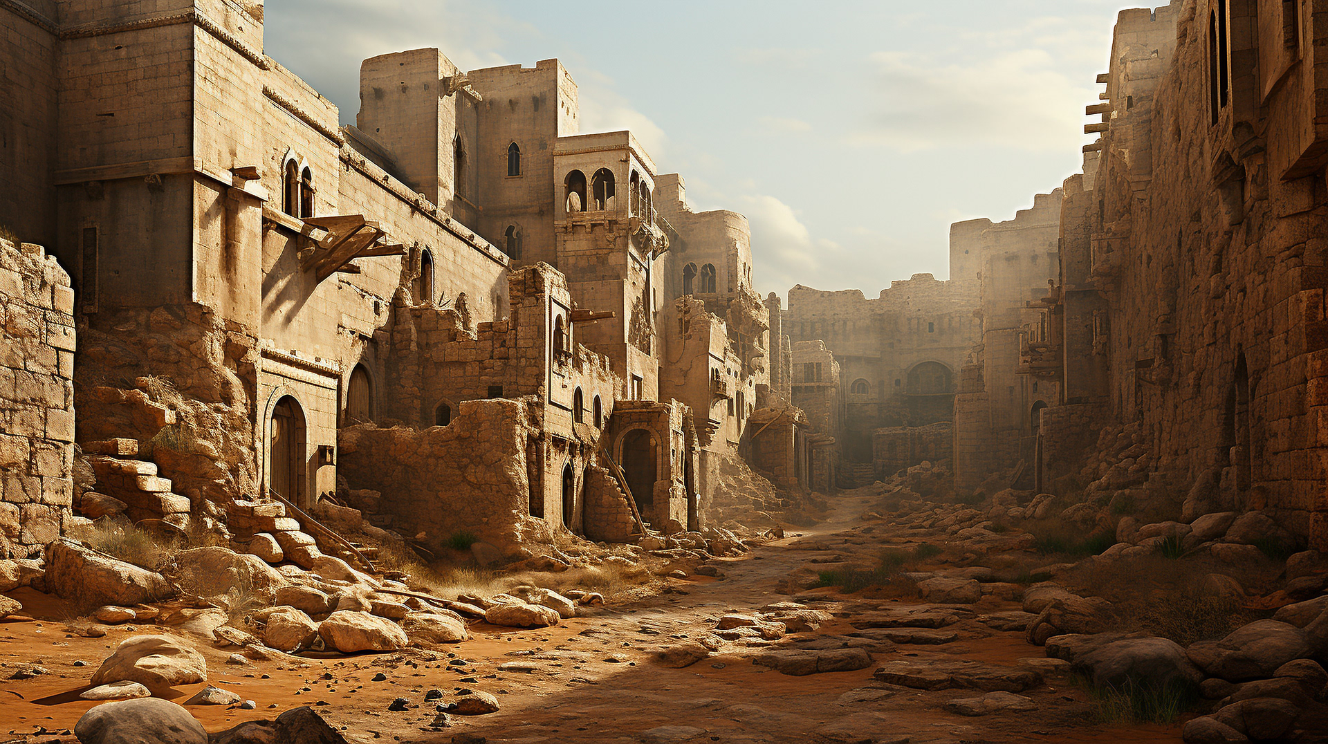 Una vista panorámica de la Jerusalén postapocalíptica de 2080, que muestra sus calles silenciosas y su arquitectura histórica.