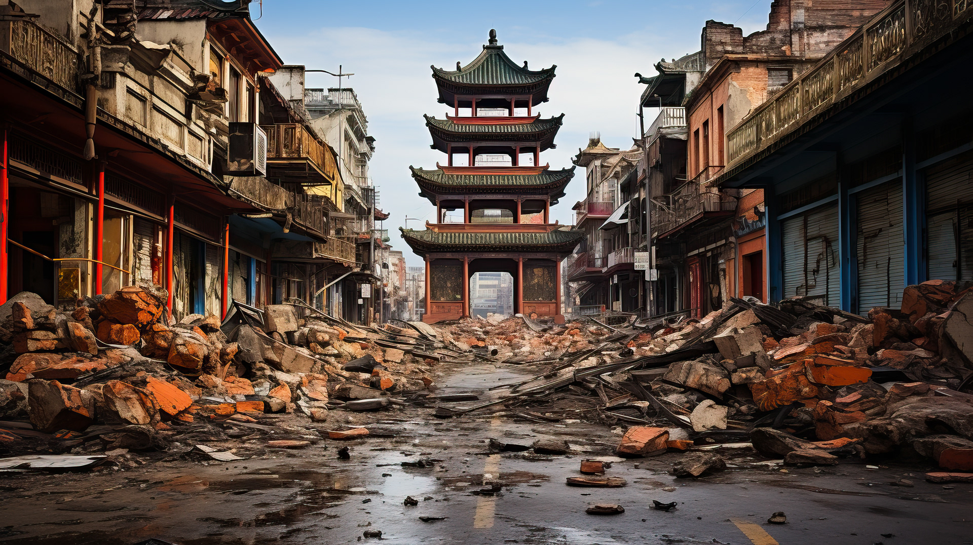 Una tetería en desorden, con teteras y tazas ornamentadas desperdigadas.