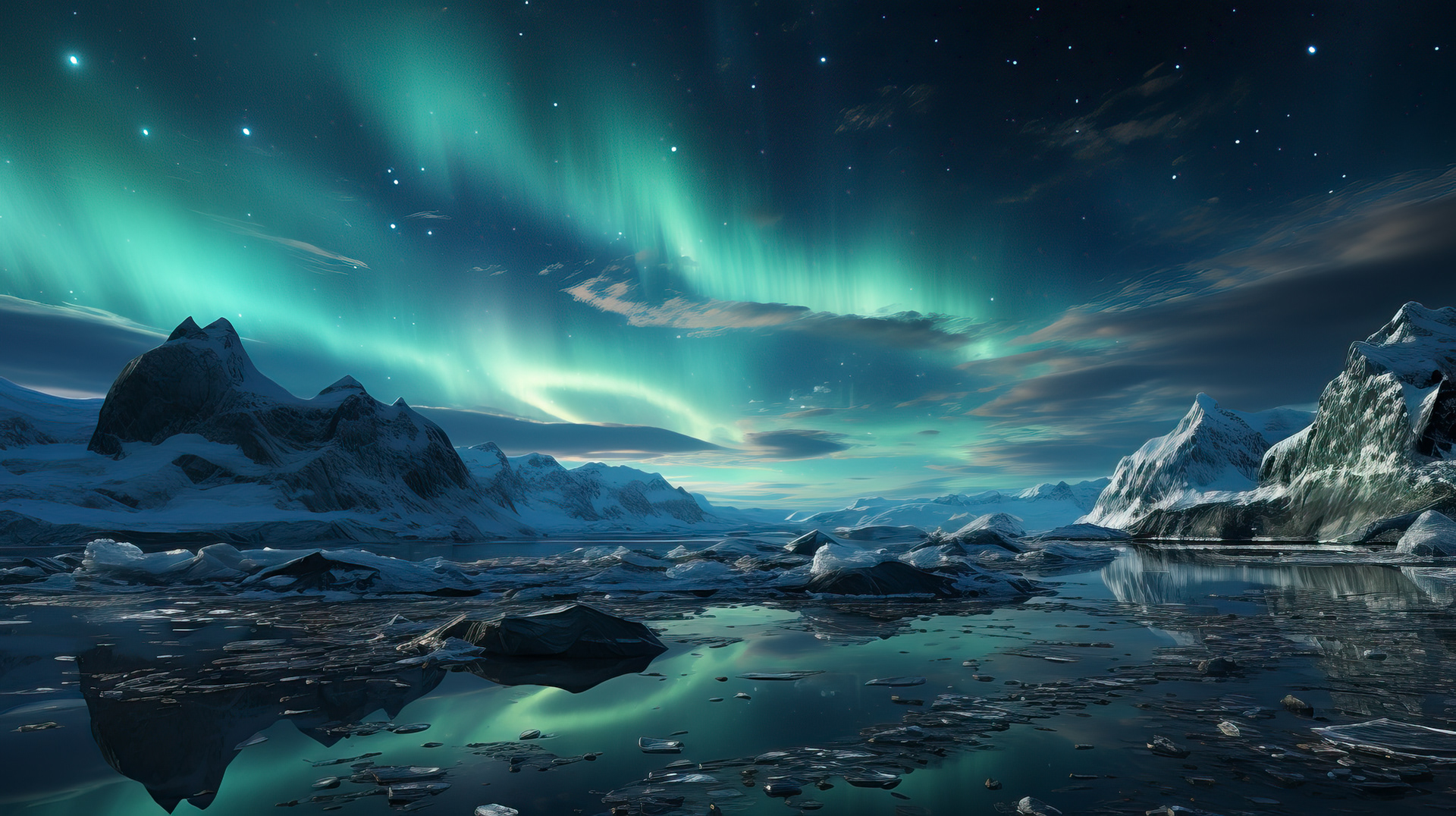 The ethereal dance of the auroras in the Antarctic sky, with rugged mountain silhouettes standing stark against the shimmering lights.