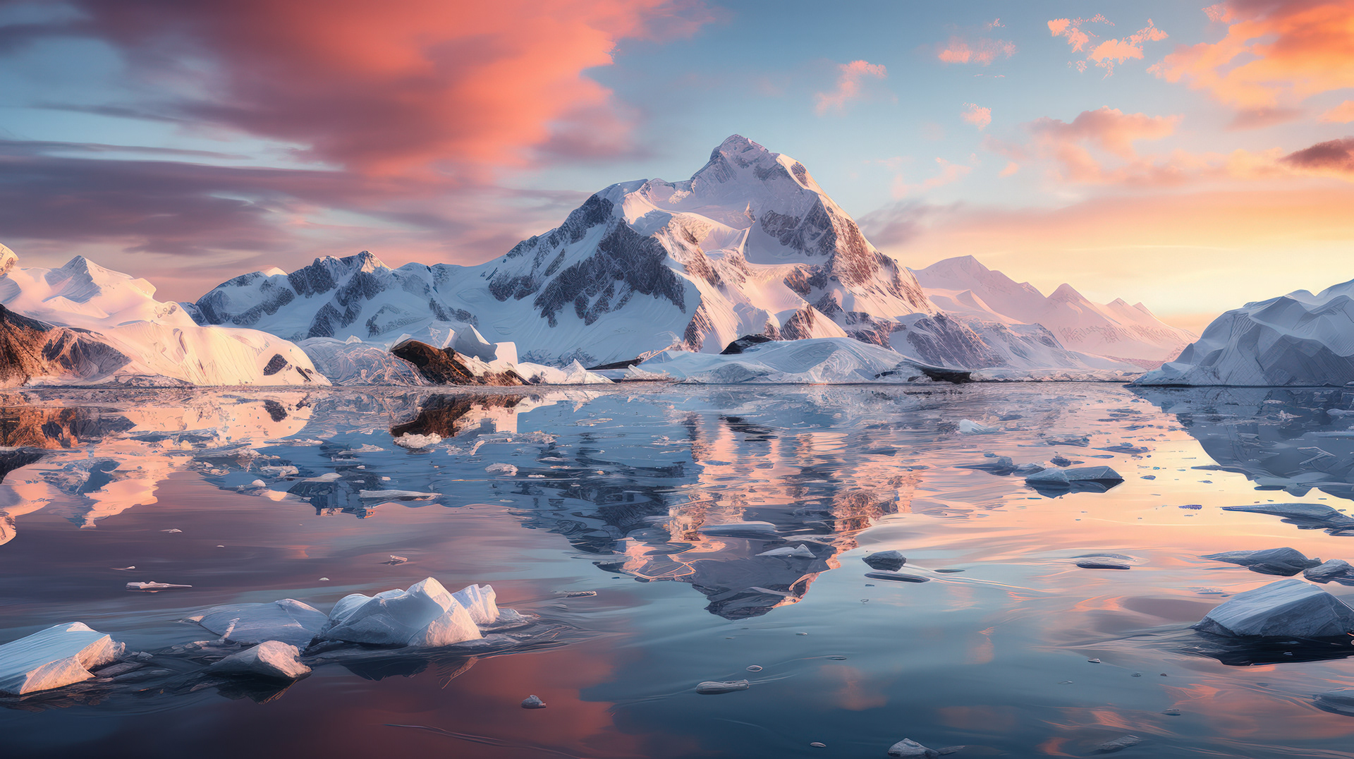 Les douces vagues de l'océan Antarctique clapotant contre la côte, illuminées par la douce lumière rose-rougeâtre du soleil levant.
